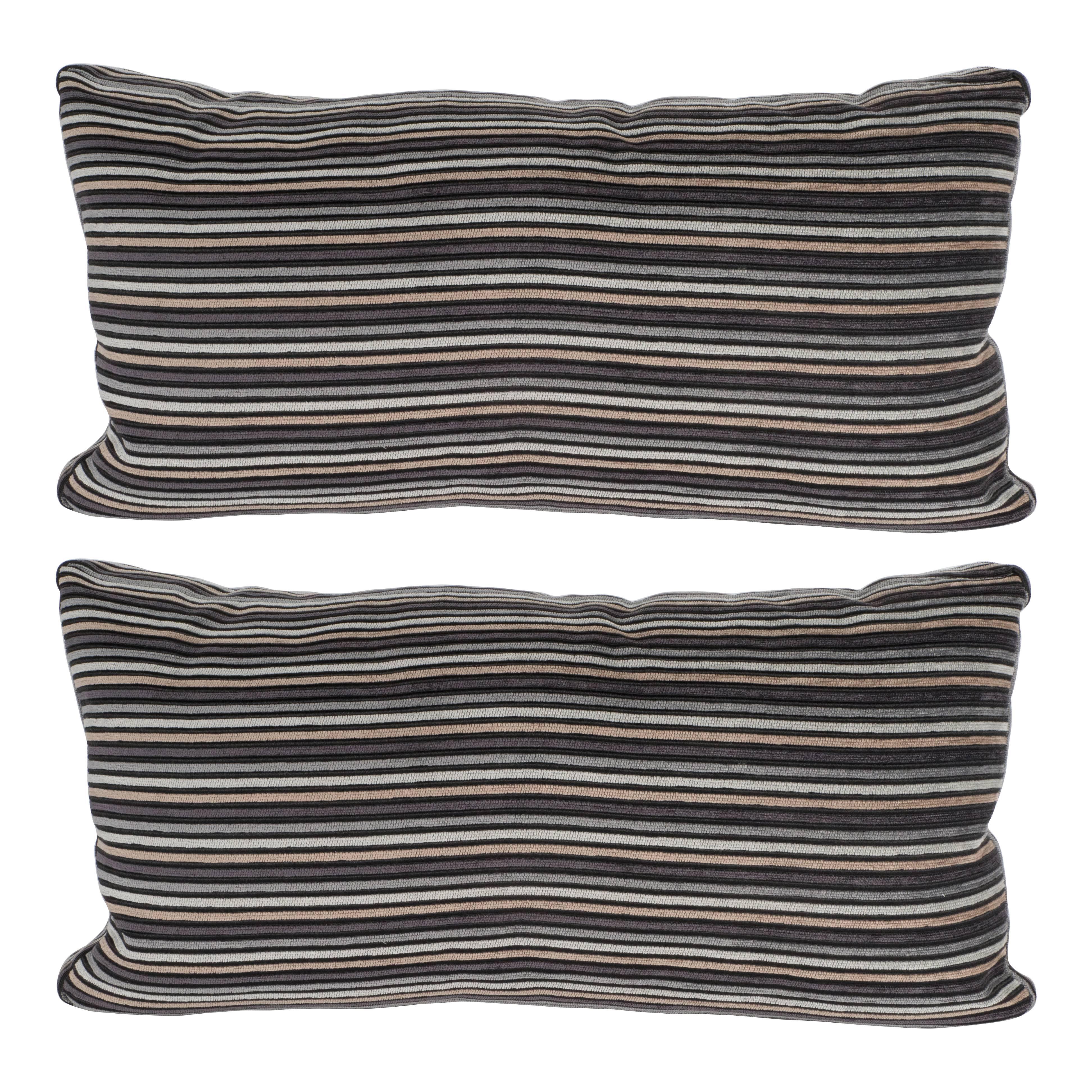 Pair of Modern Rectangular Striped Velvet Pillows in Neutral Silver & Gold Tones