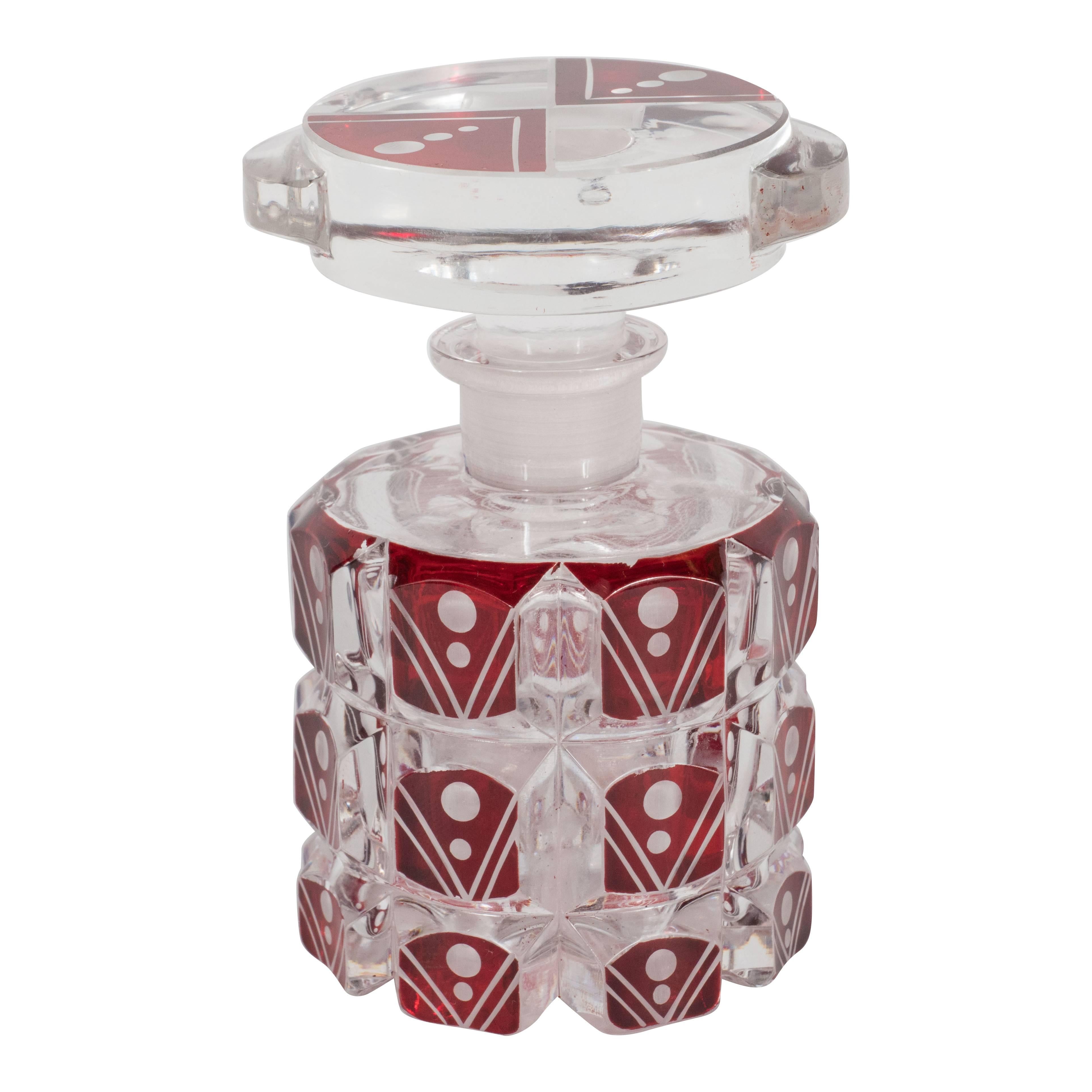 Art Deco Hand Etched & Beveled Crystal Perfume Bottle with Crimson Glass Overlay