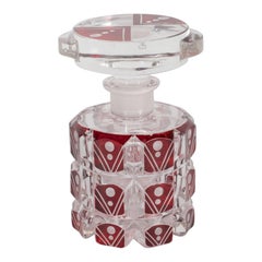 Art Deco Hand Etched & Beveled Crystal Perfume Bottle with Crimson Glass Overlay