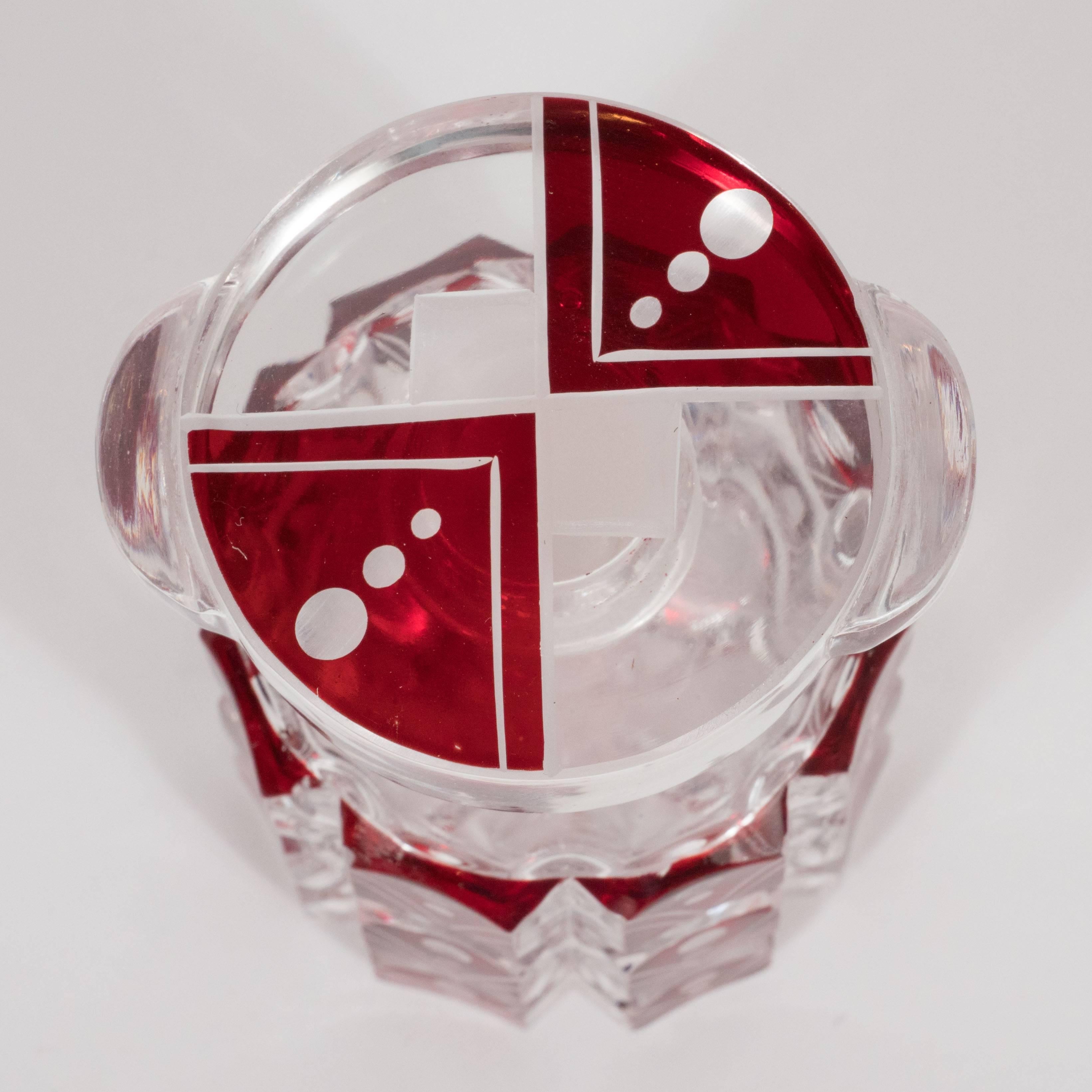 Mid-20th Century Art Deco Hand Etched & Beveled Crystal Perfume Bottle with Crimson Glass Overlay