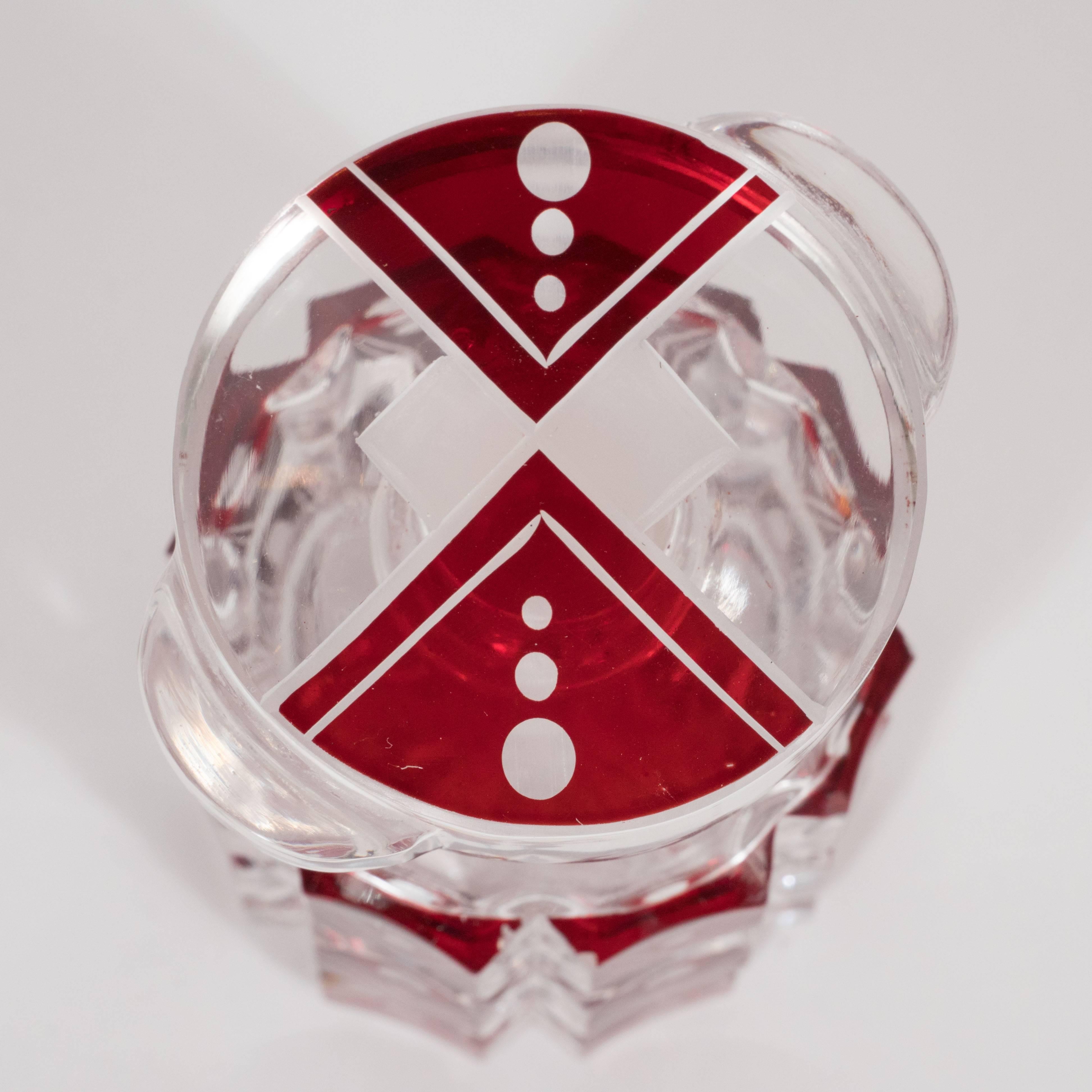 Art Deco Hand Etched & Beveled Crystal Perfume Bottle with Crimson Glass Overlay In Excellent Condition In New York, NY