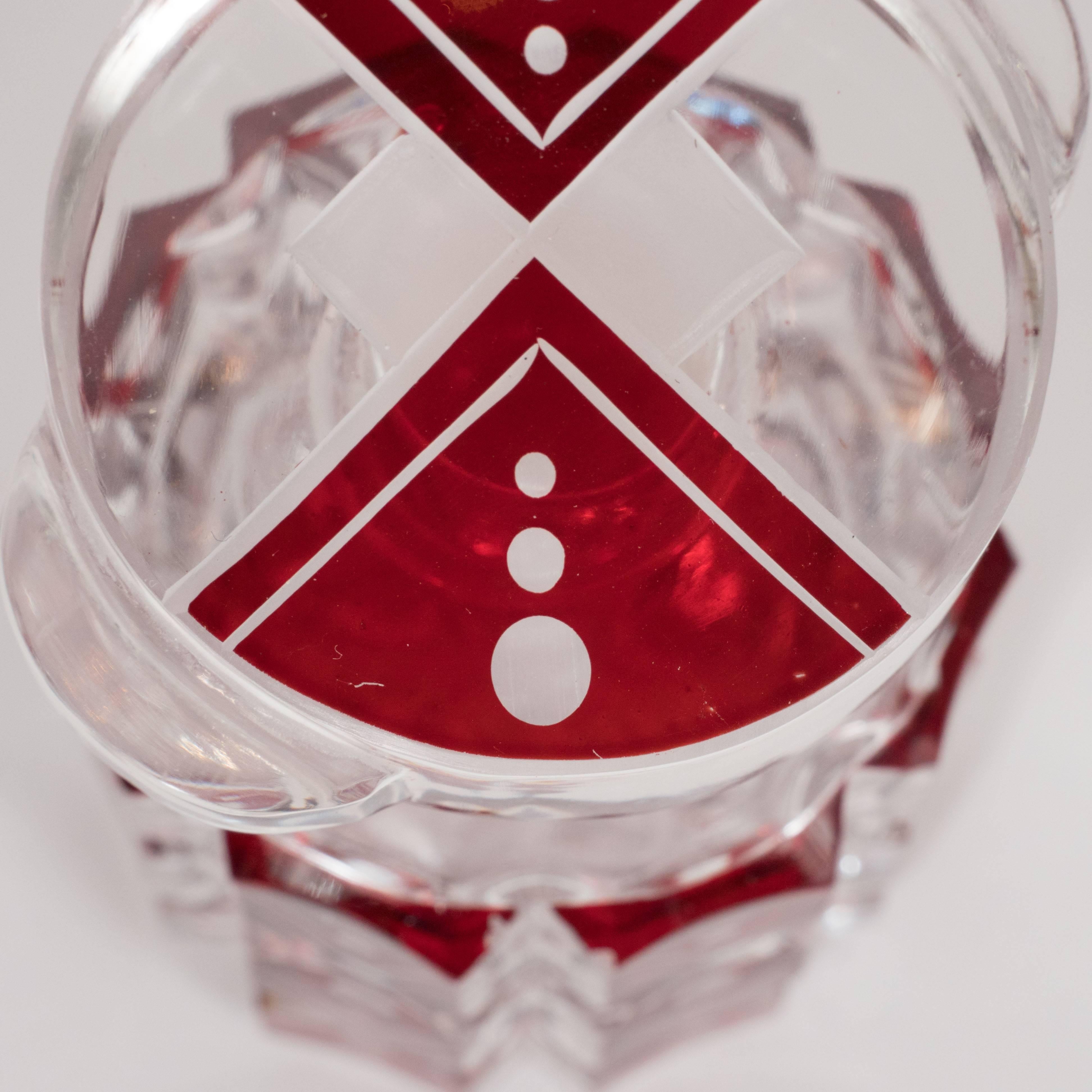 Art Deco Hand Etched & Beveled Crystal Perfume Bottle with Crimson Glass Overlay 1