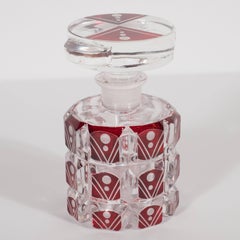Art Deco Hand Etched & Beveled Crystal Perfume Bottle with Crimson Glass Overlay