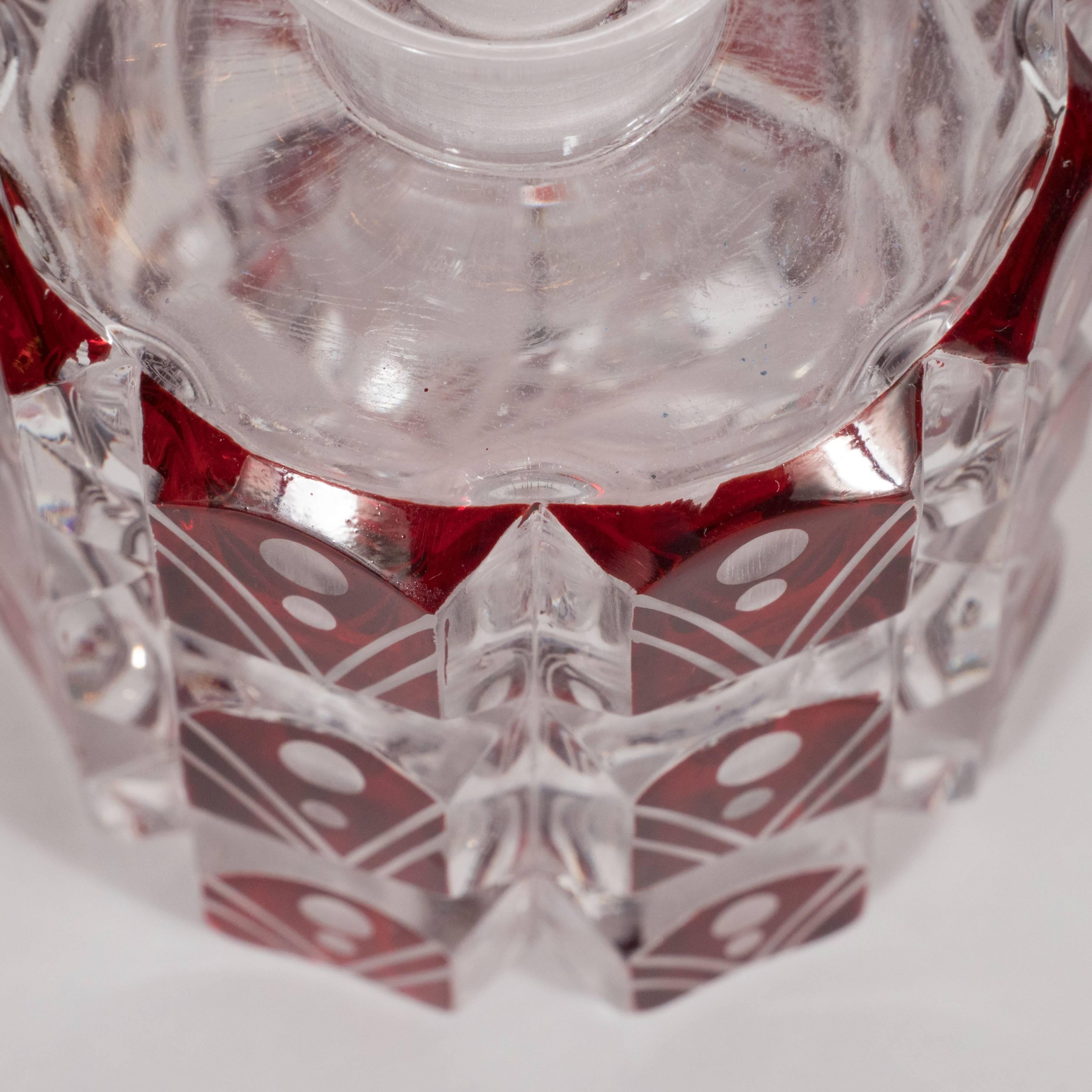 Art Deco Hand Etched & Beveled Crystal Perfume Bottle with Crimson Glass Overlay 3