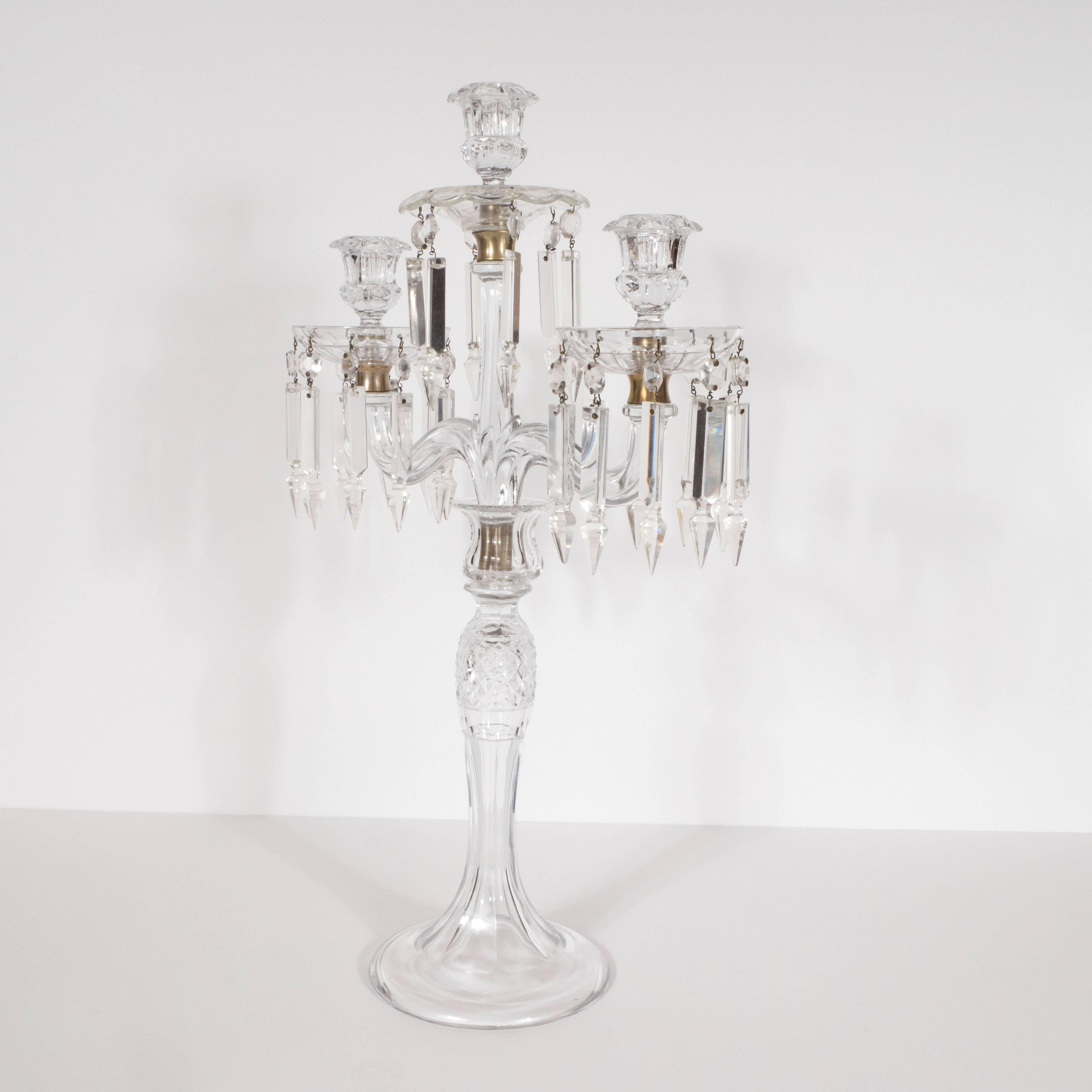 Pair of American Art Deco Baccarat Style Crystal Girandoles In Excellent Condition In New York, NY