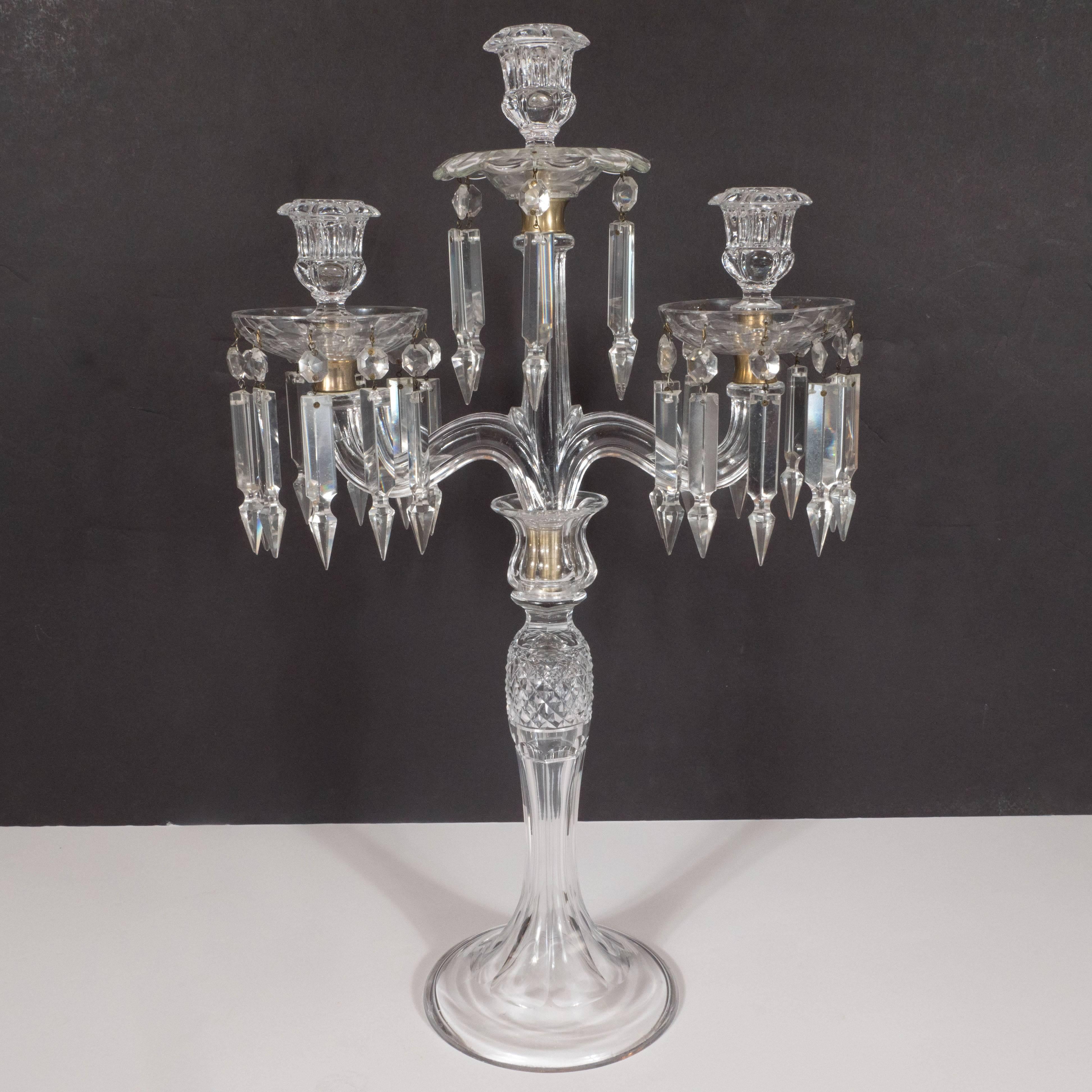 Pair of American Art Deco Baccarat Style Crystal Girandoles 4