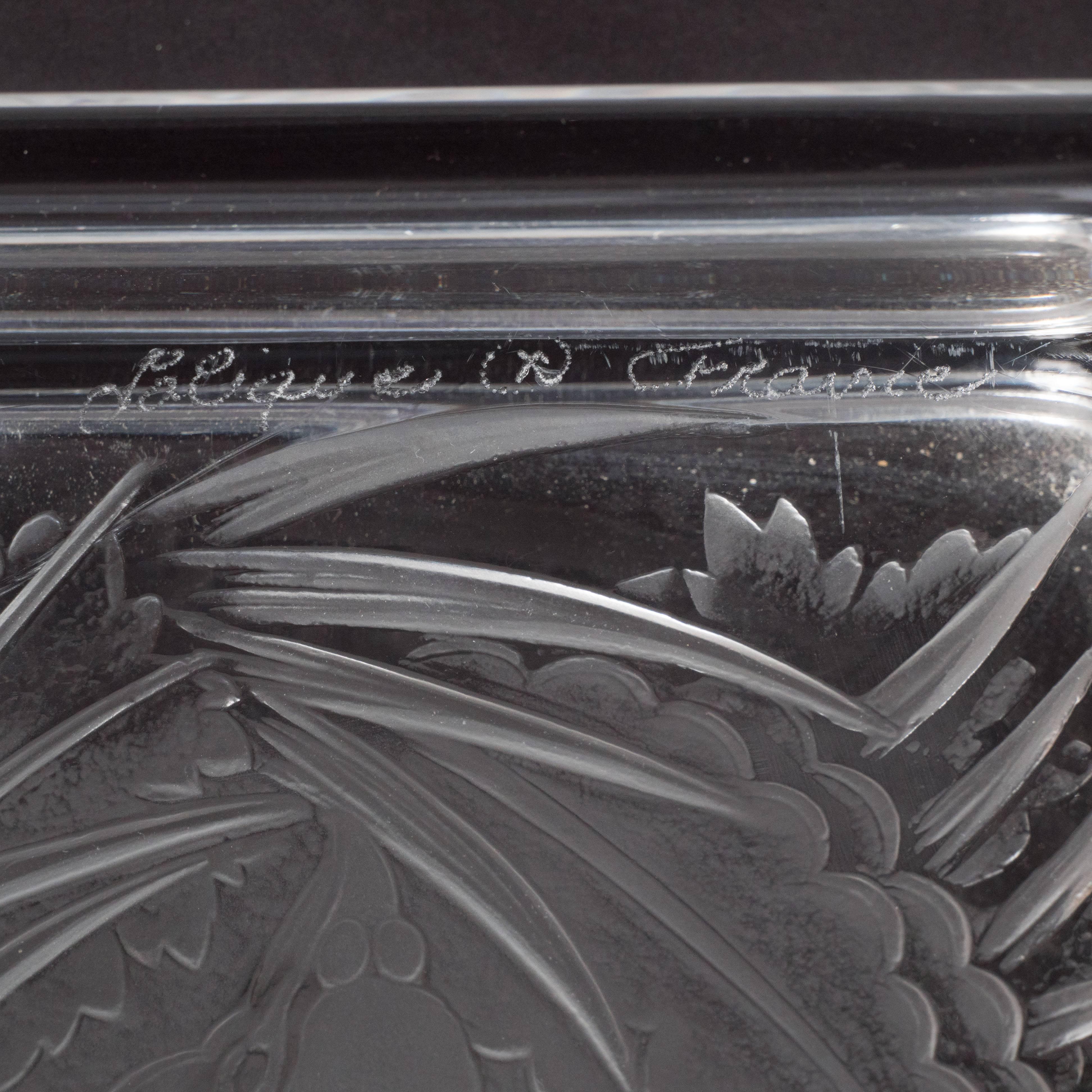 Lalique Art Deco Crystal Tray with Birds and Foliate Motifs in Perdrix Pattern 2