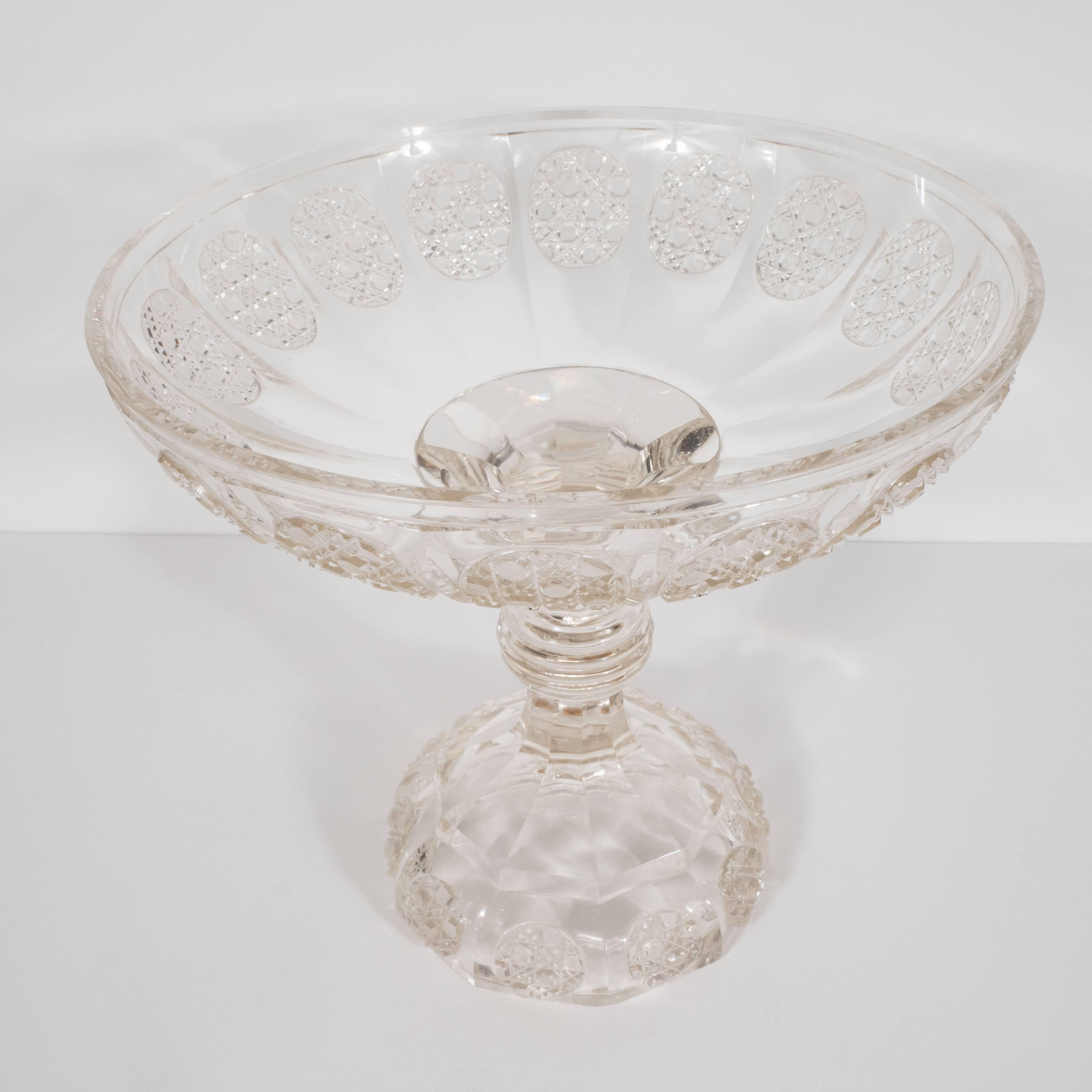 American Art Deco Cut Crystal Footed Bowl with Etched Geometric Designs