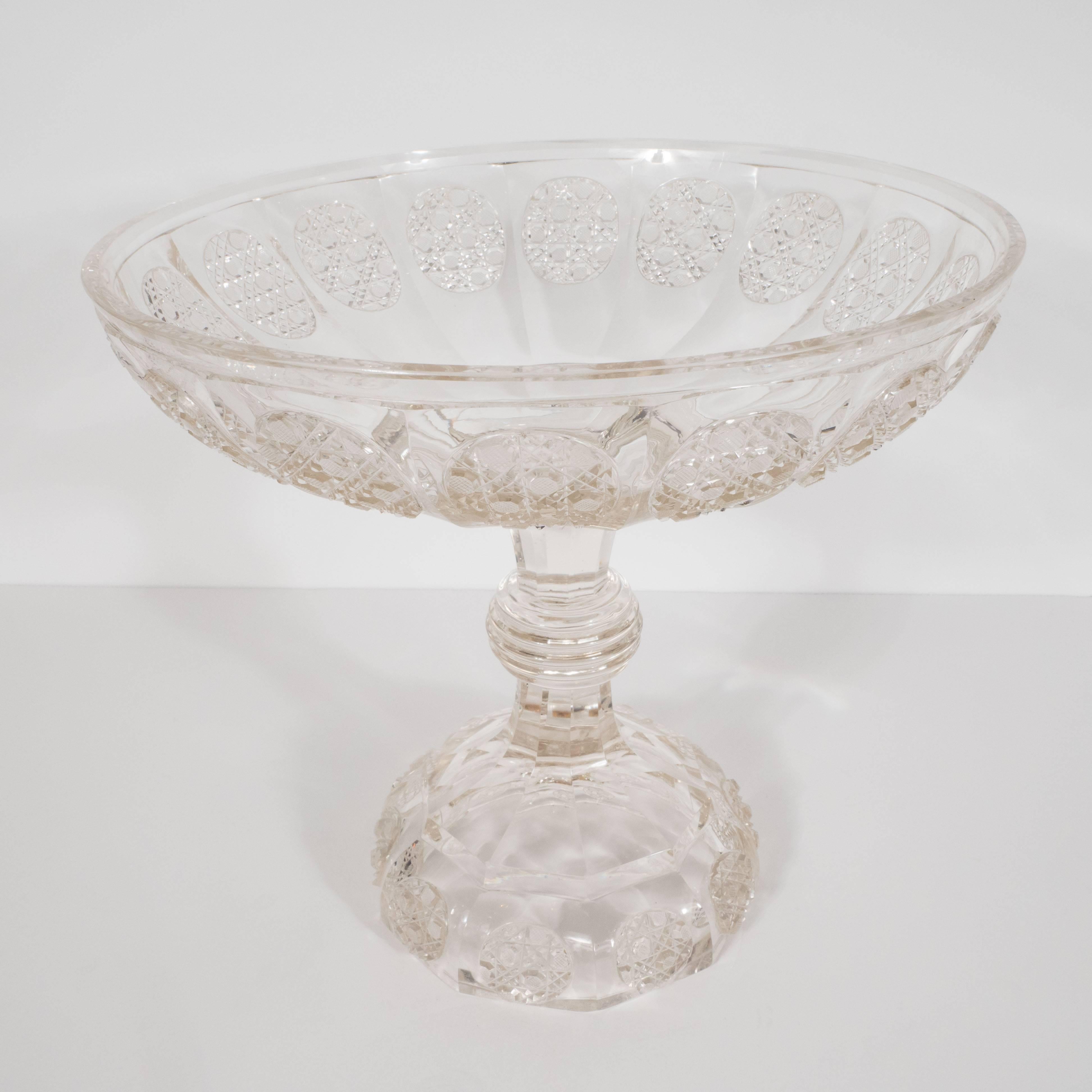Art Deco Cut Crystal Footed Bowl with Etched Geometric Designs In Excellent Condition In New York, NY