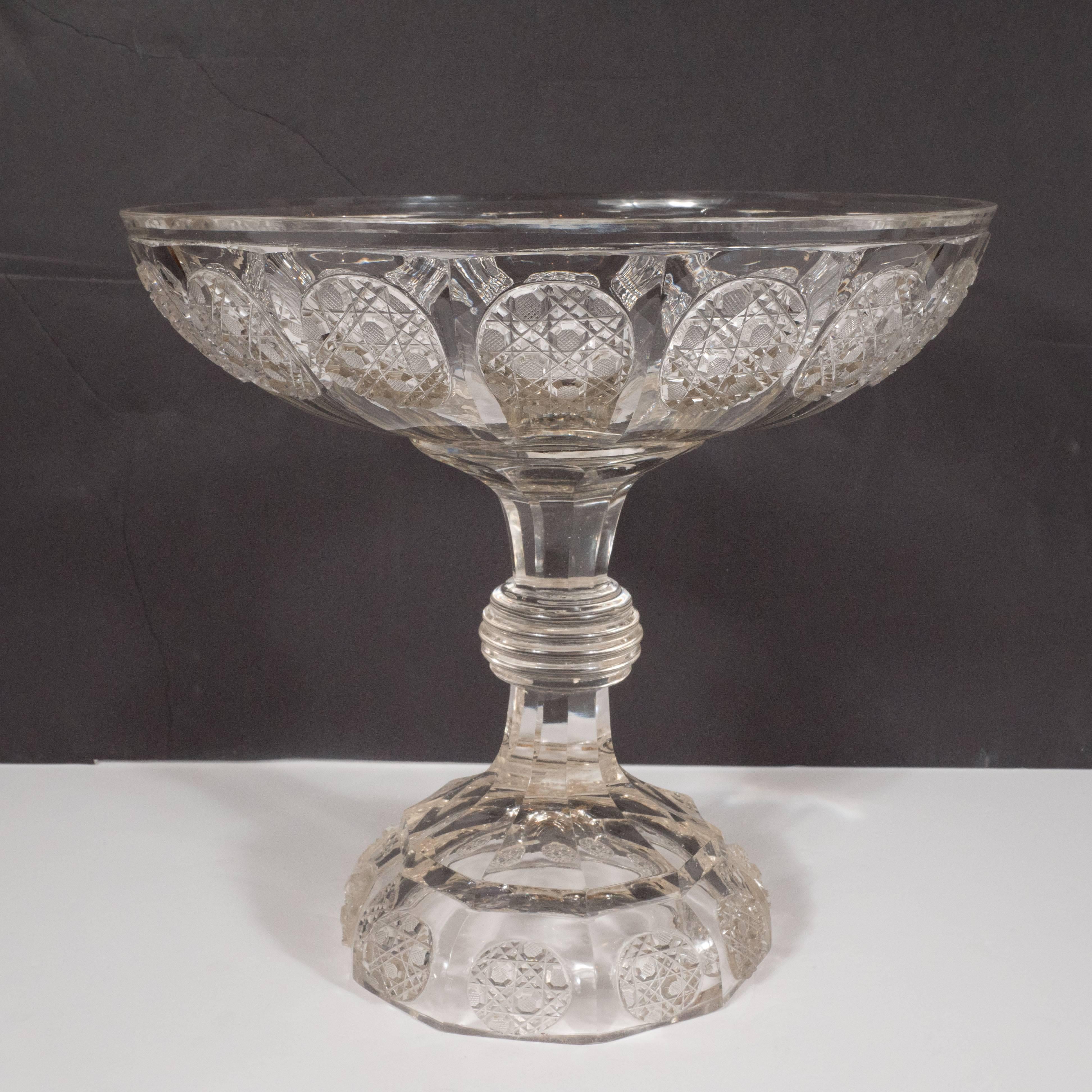 Art Deco Cut Crystal Footed Bowl with Etched Geometric Designs 2