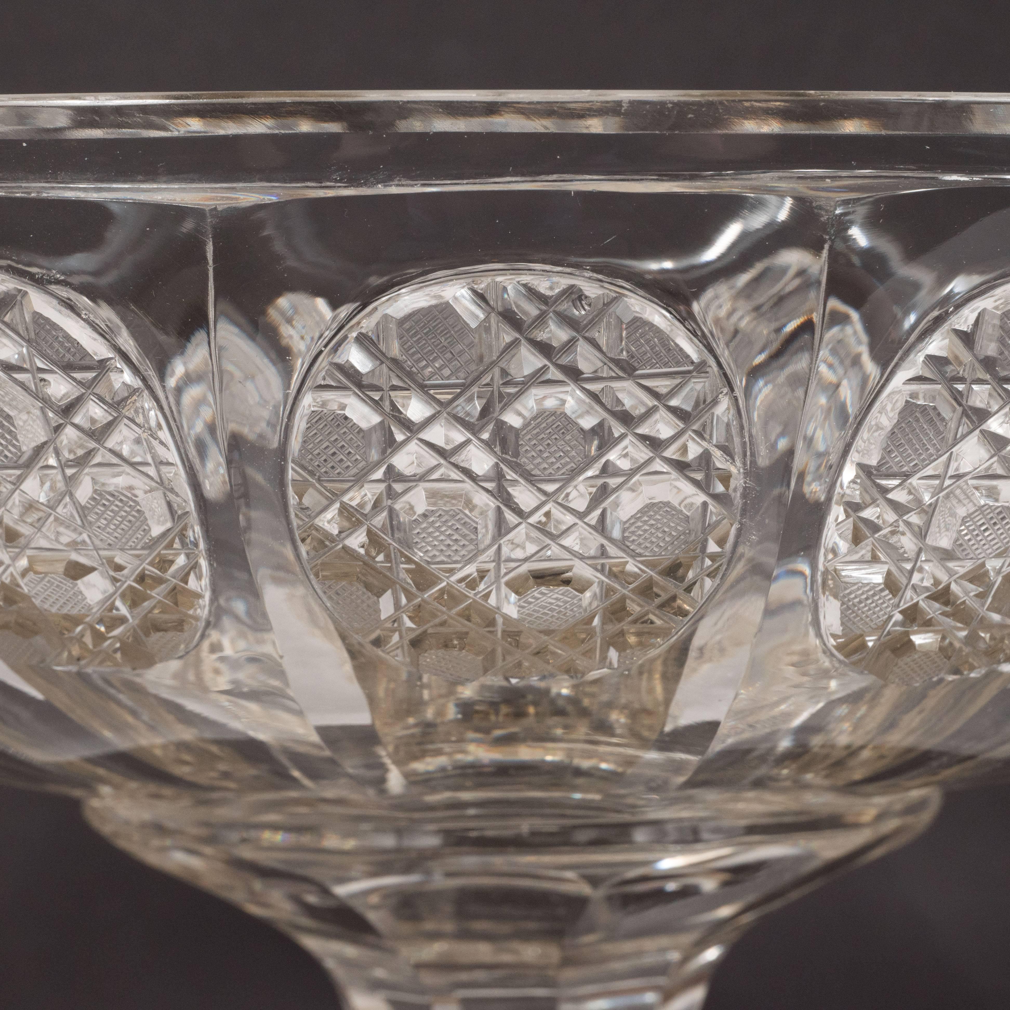 Art Deco Cut Crystal Footed Bowl with Etched Geometric Designs 3