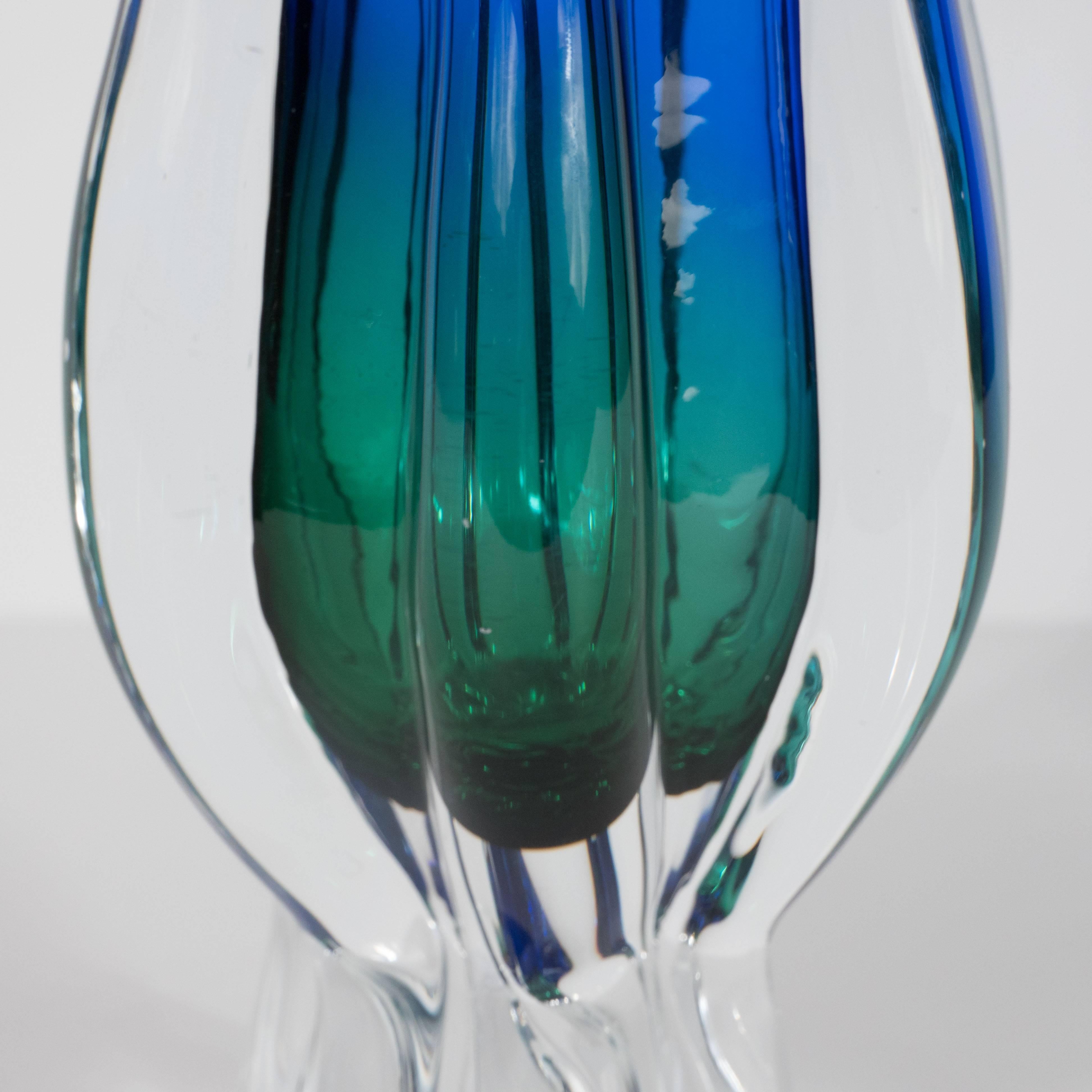 Modern Stylized Tulip Handblown Murano Glass Vase in Emerald & Sapphire Gradient