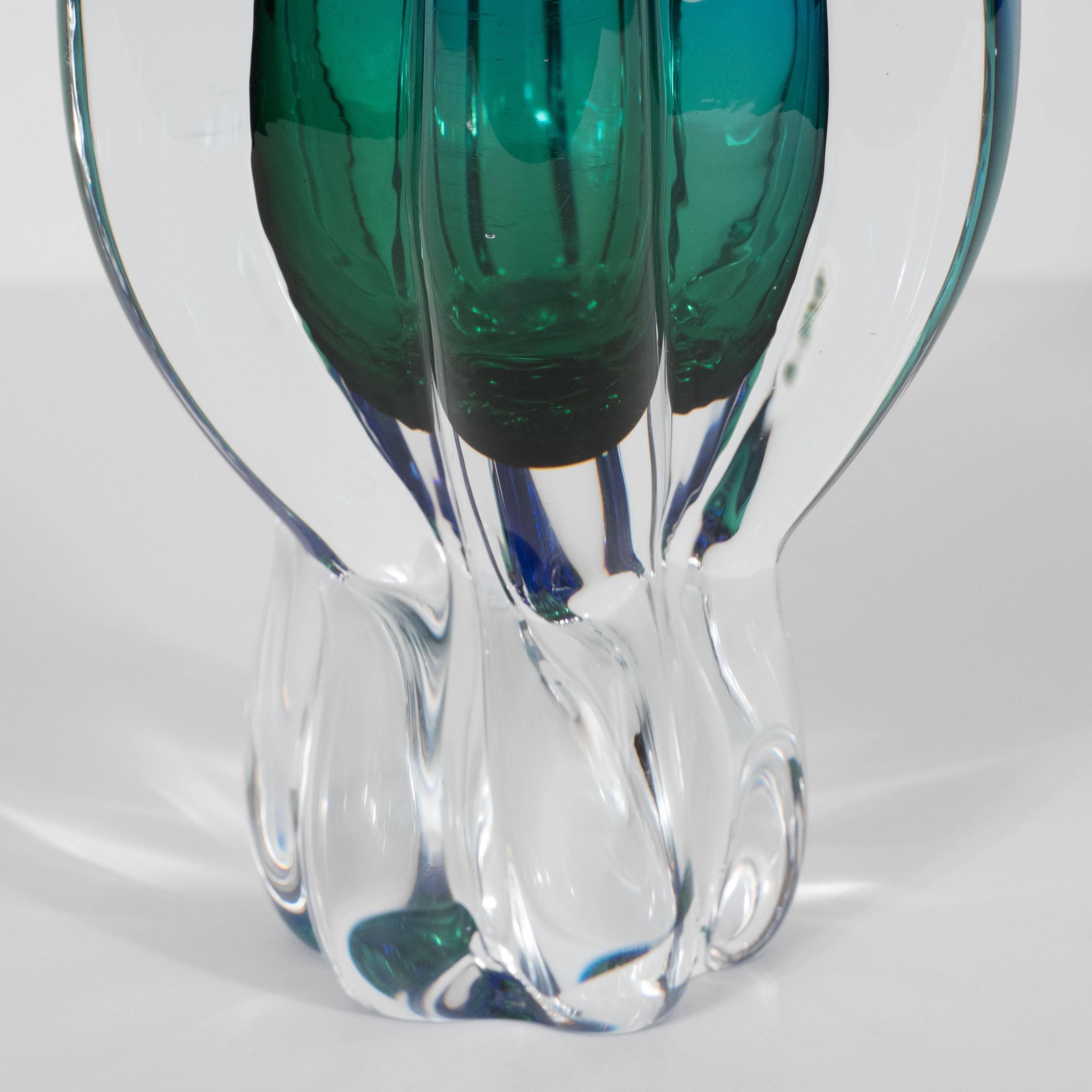 Italian Stylized Tulip Handblown Murano Glass Vase in Emerald & Sapphire Gradient