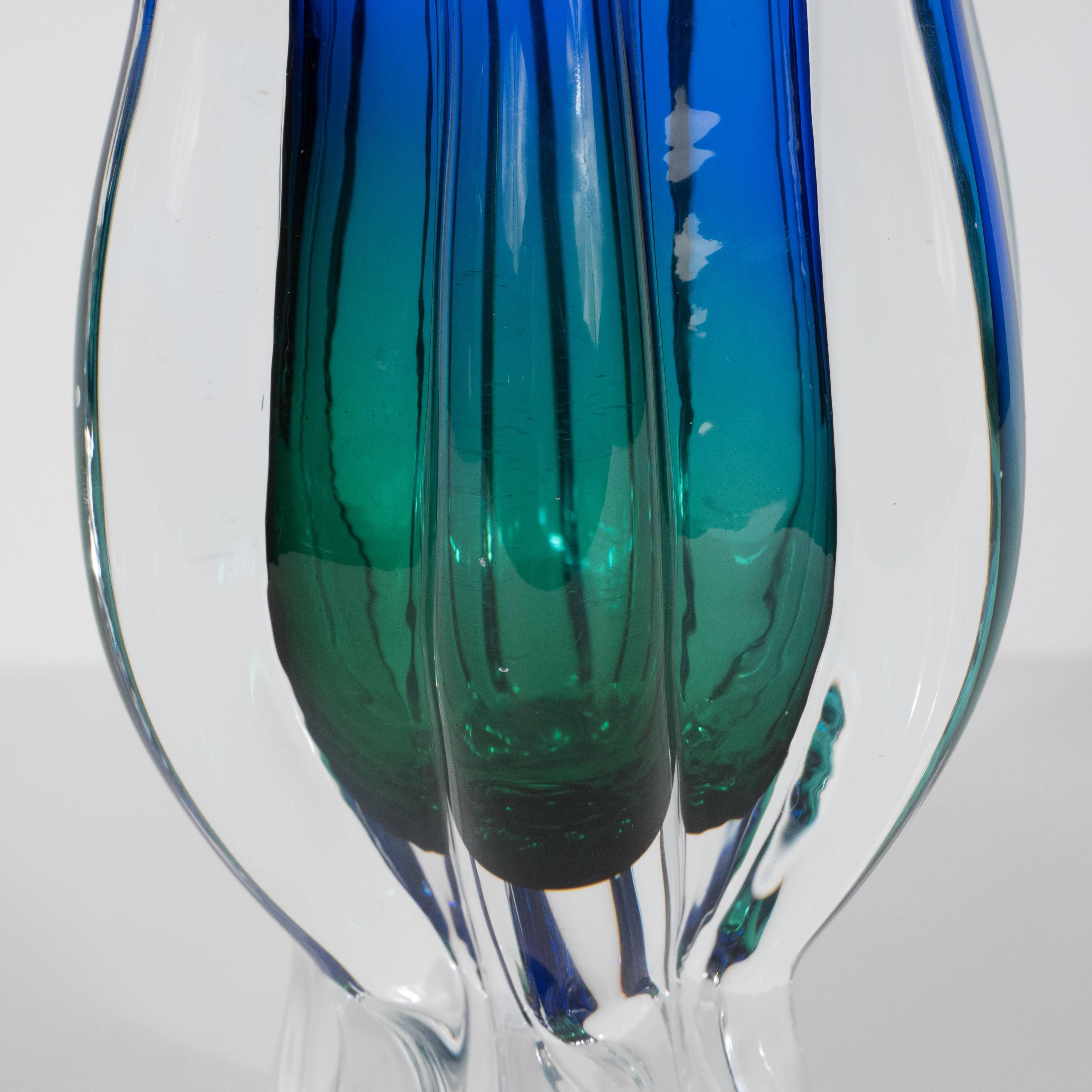 Stylized Tulip Handblown Murano Glass Vase in Emerald & Sapphire Gradient In Excellent Condition In New York, NY