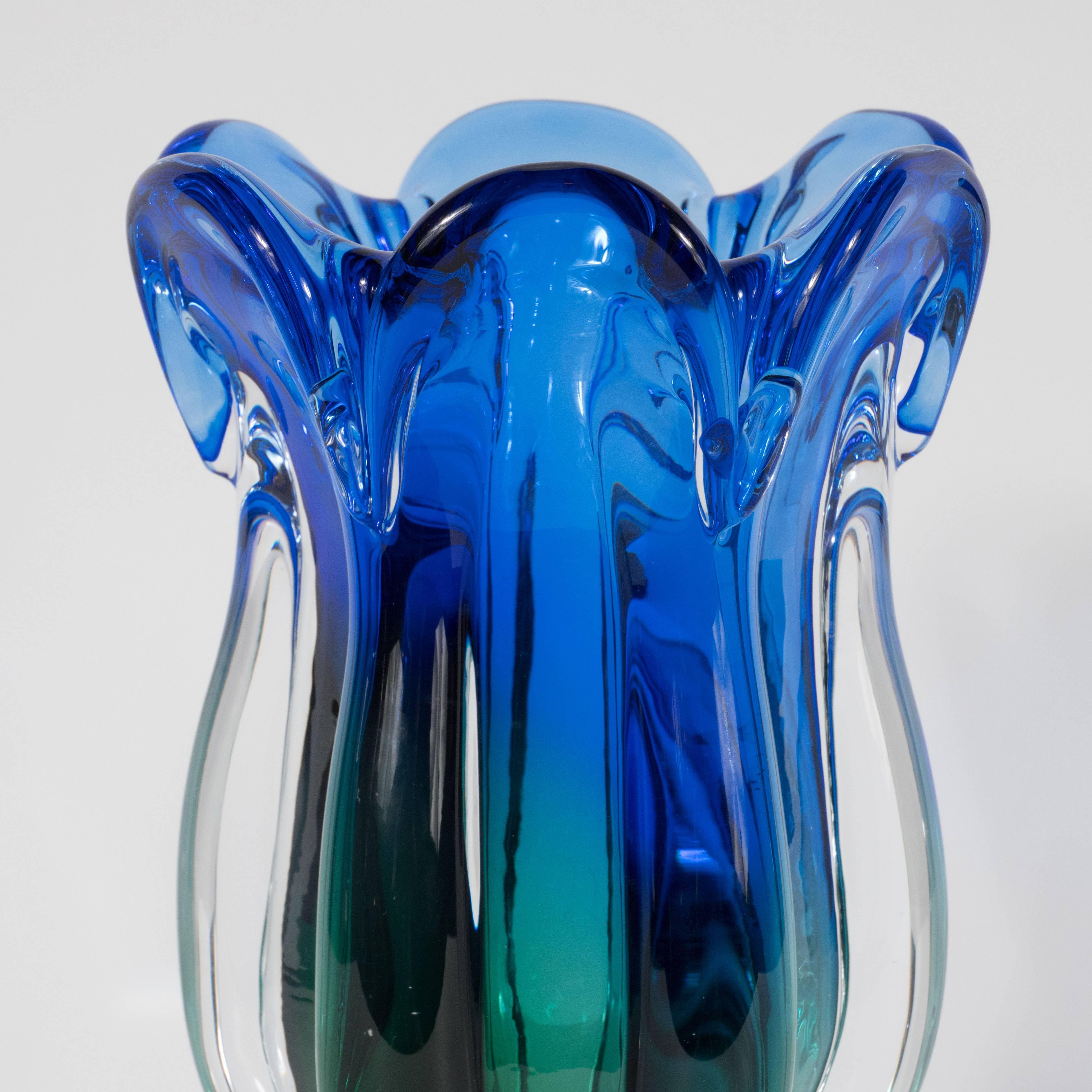 Late 20th Century Stylized Tulip Handblown Murano Glass Vase in Emerald & Sapphire Gradient