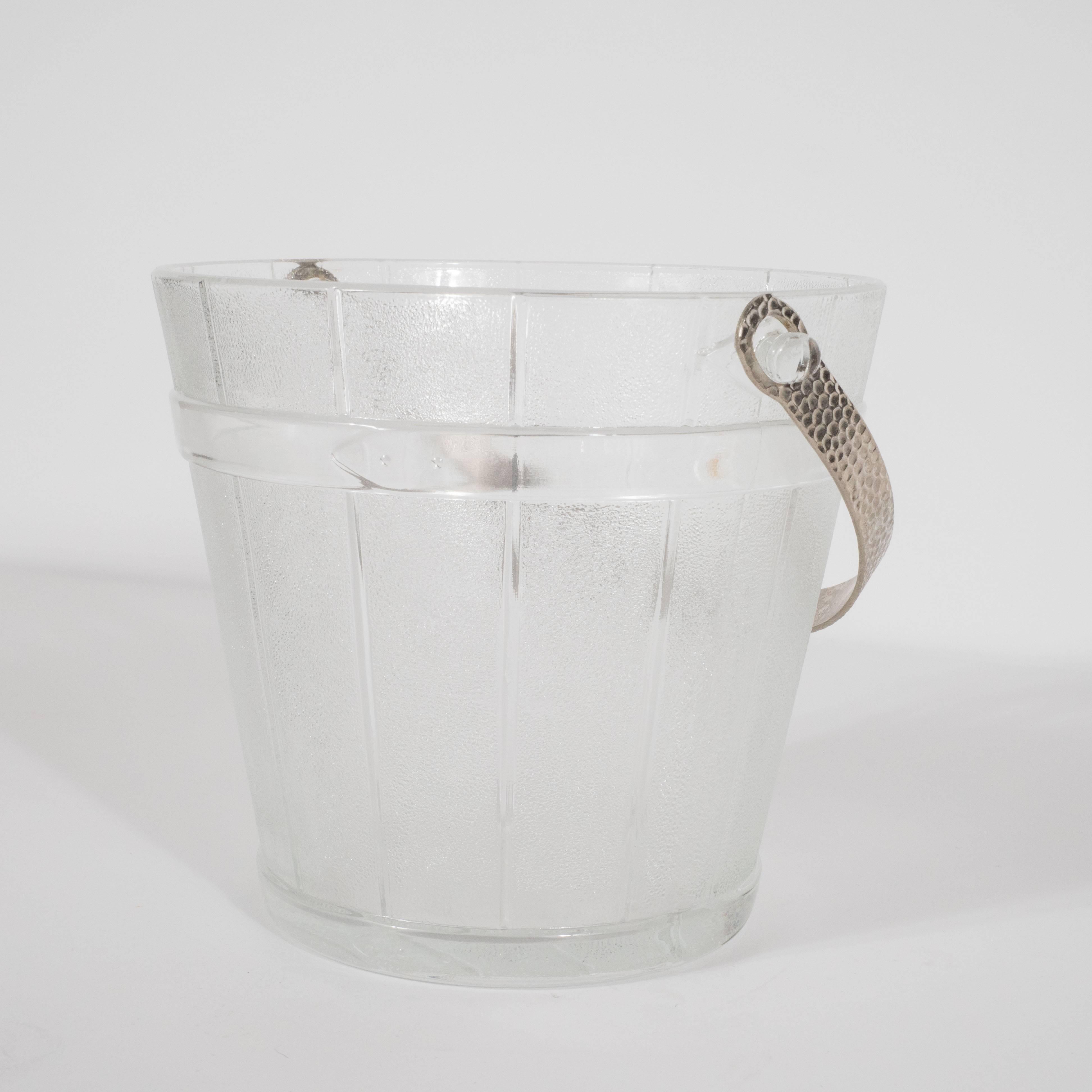 Mid-20th Century American Art Deco Pressed Glass Ice Bucket with Dappled Chrome Handle