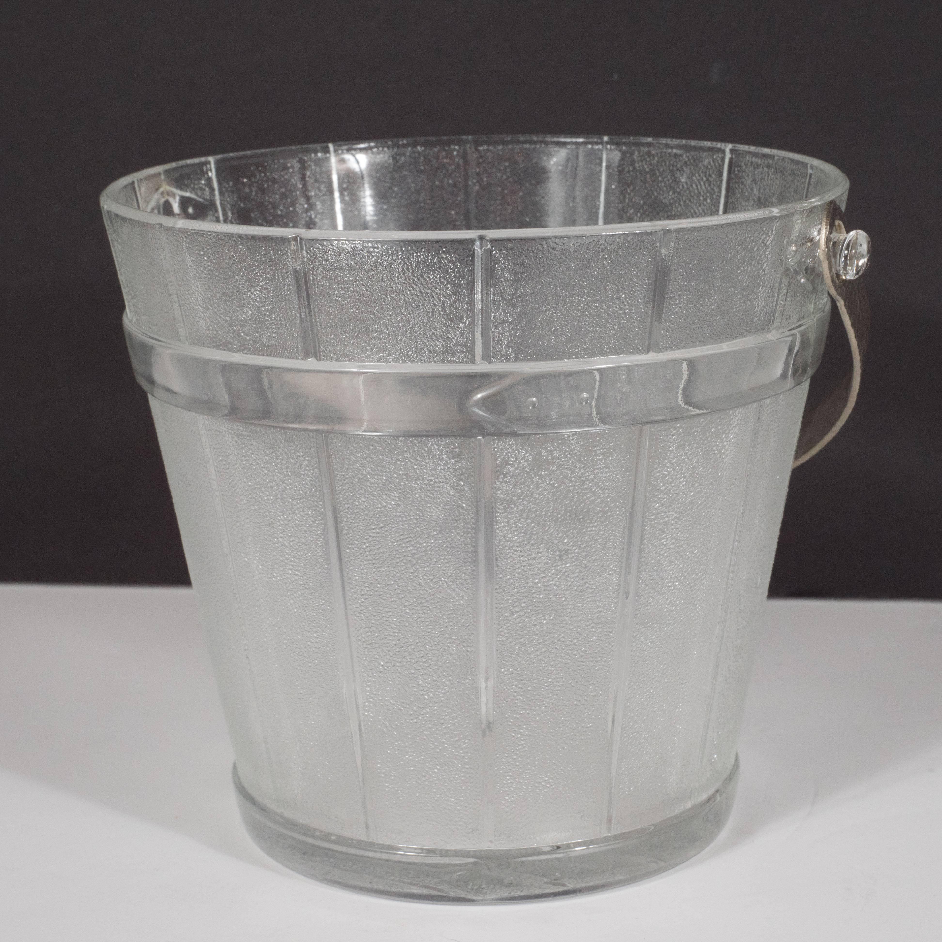 American Art Deco Pressed Glass Ice Bucket with Dappled Chrome Handle 2