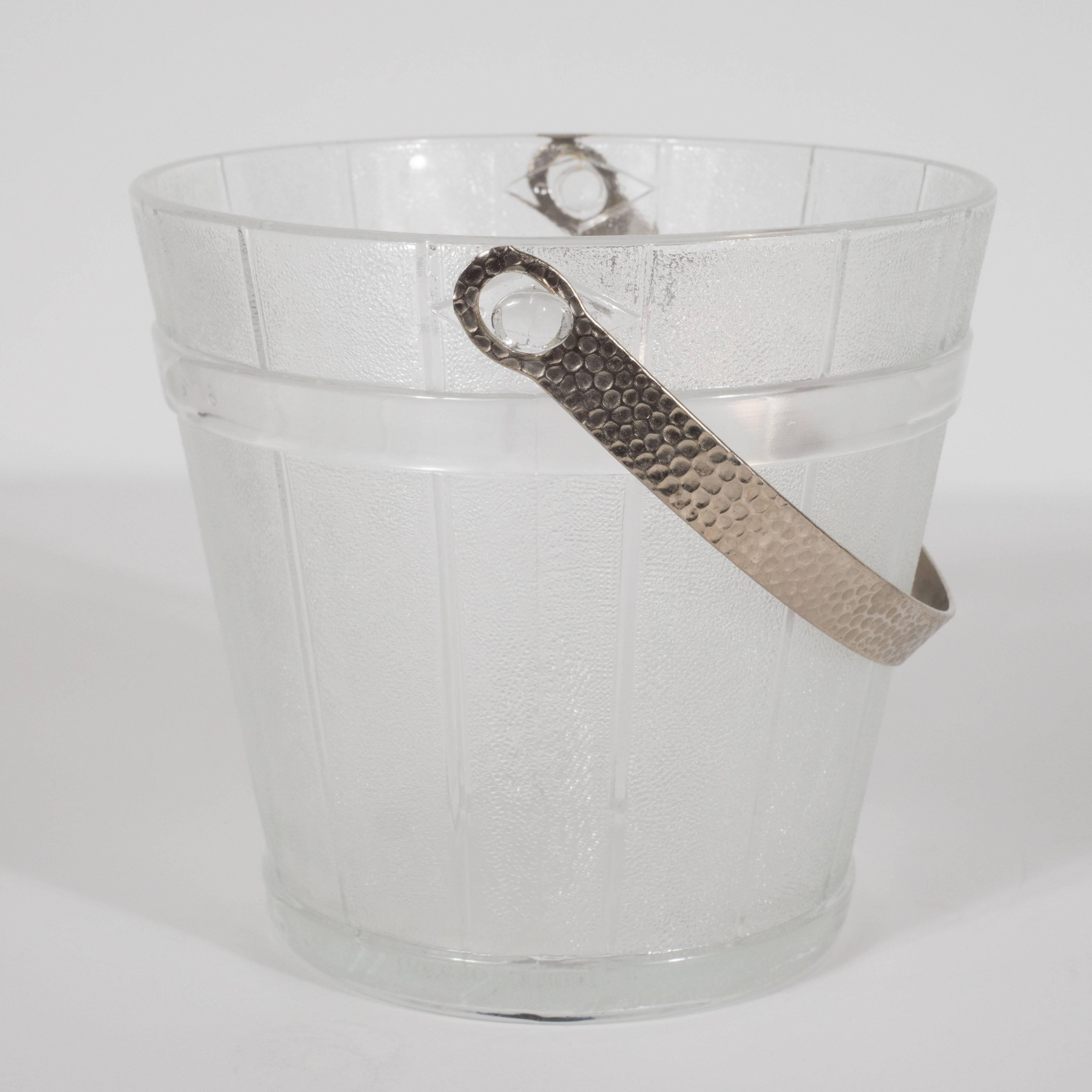 American Art Deco Pressed Glass Ice Bucket with Dappled Chrome Handle 3