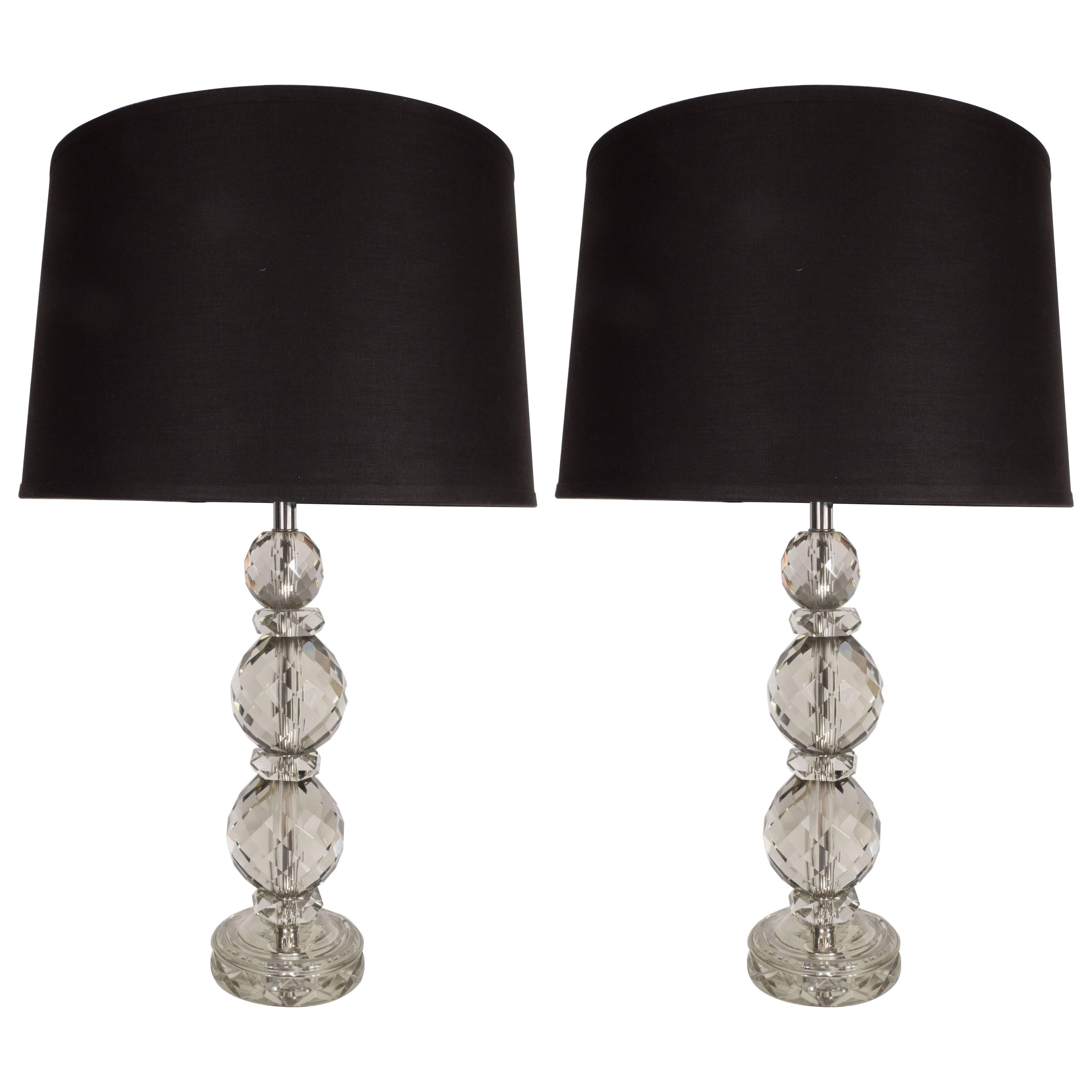 Pair of Elegant 1940s Hollywood Smoked Cut and Beveled Crystal Table Lamps