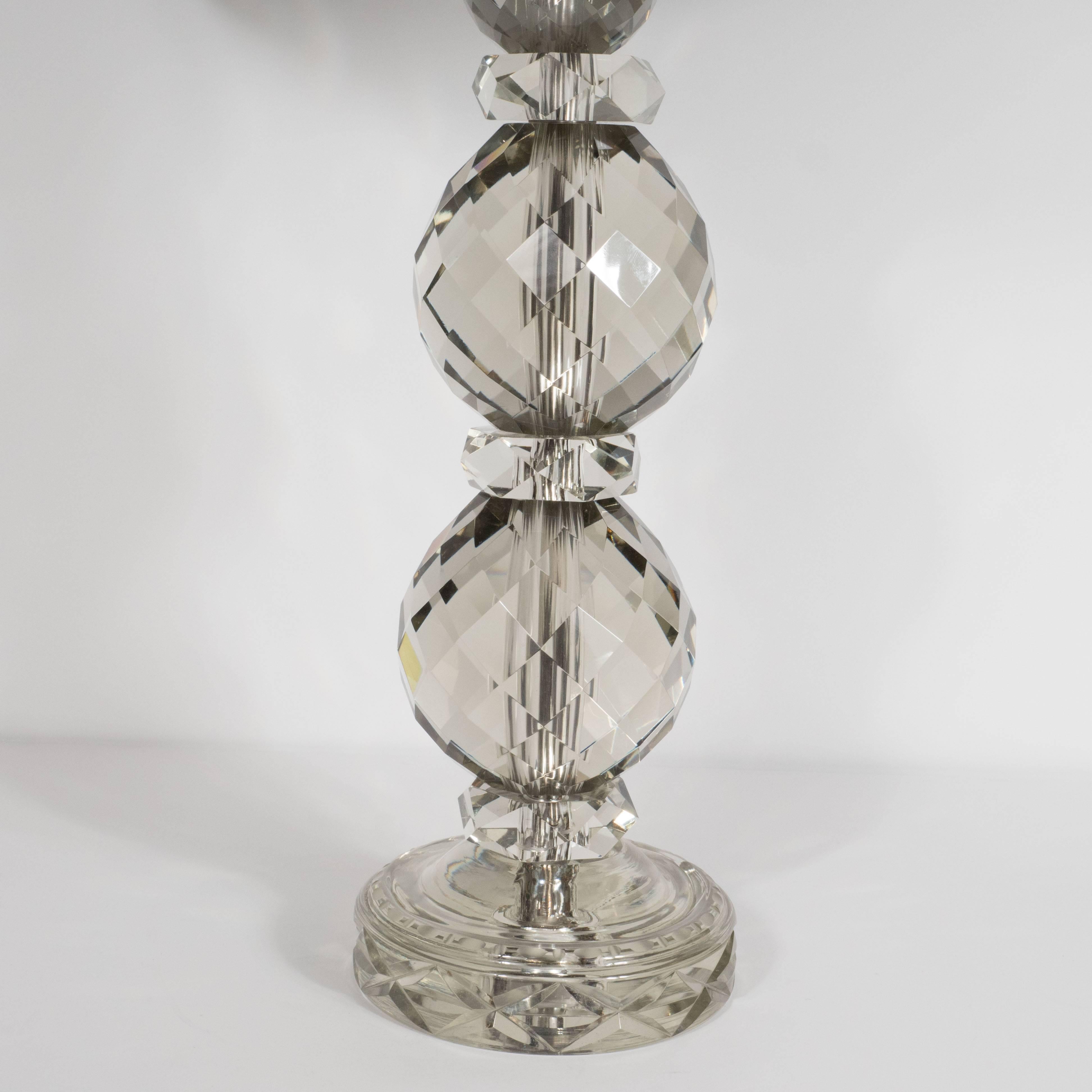 American Pair of Elegant 1940s Hollywood Smoked Cut and Beveled Crystal Table Lamps