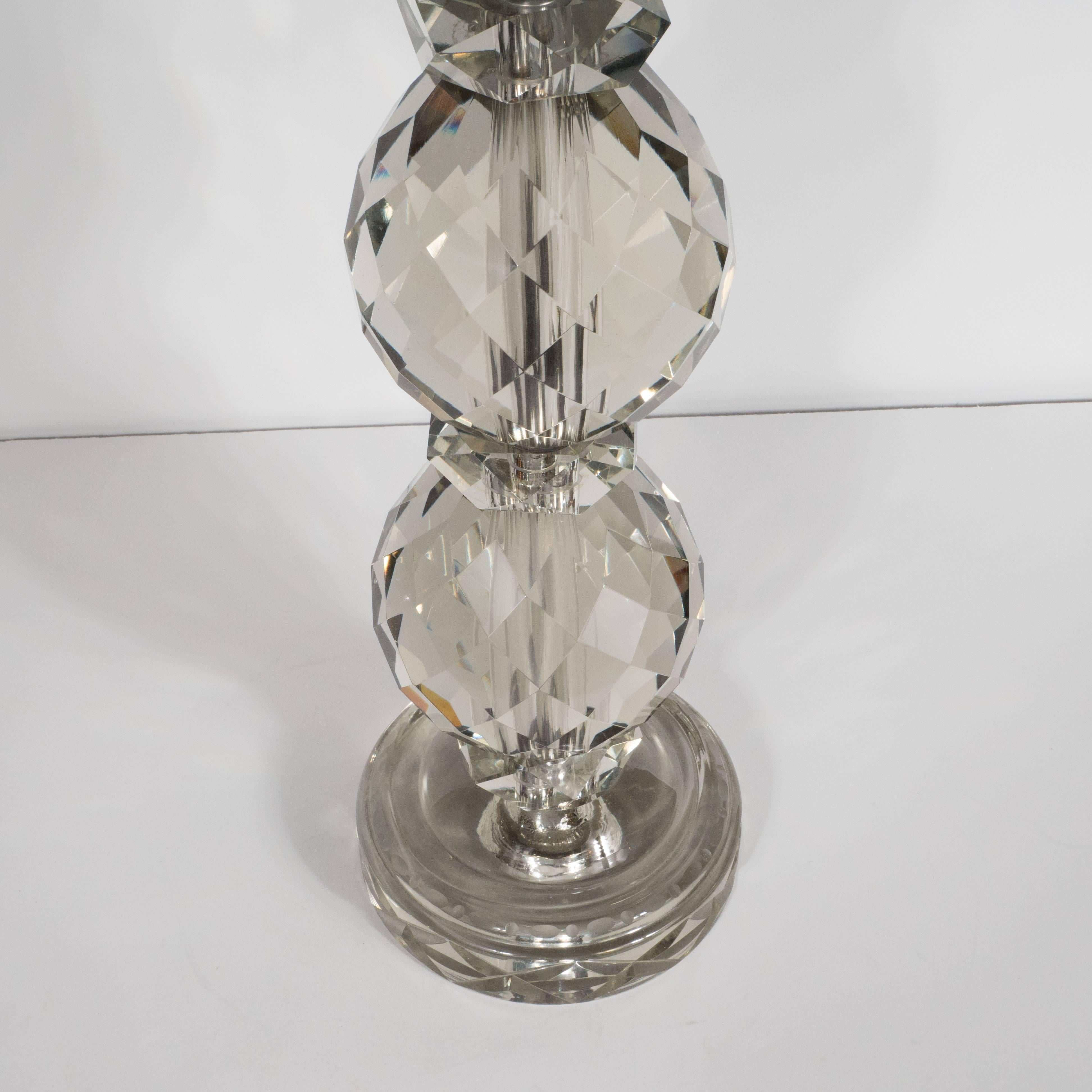 Pair of Elegant 1940s Hollywood Smoked Cut and Beveled Crystal Table Lamps In Excellent Condition In New York, NY
