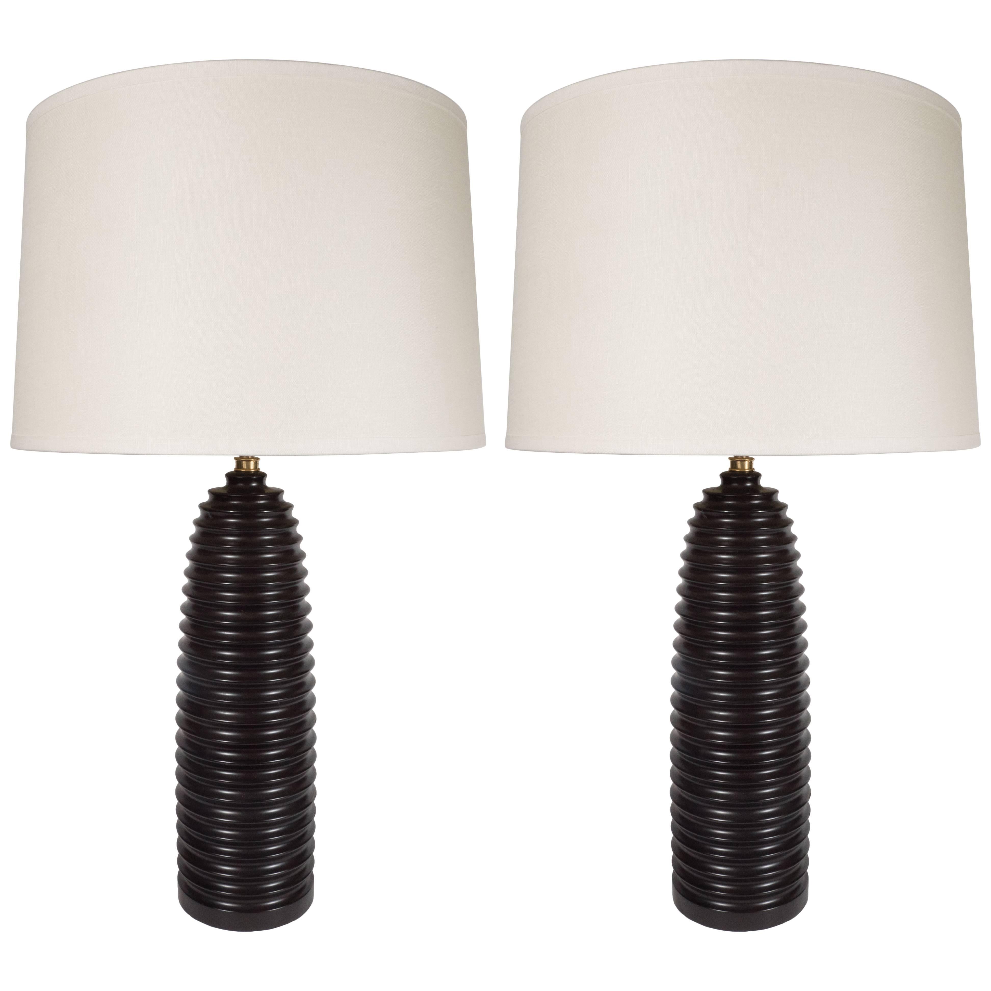 Pair of Ribbed Ceramic Bullet Lamps by Marian Jamieson in a Deep Charcoal Hue