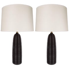 Vintage Pair of Ribbed Ceramic Bullet Lamps by Marian Jamieson in a Deep Charcoal Hue