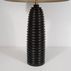 Pair of Ribbed Ceramic Bullet Lamps by Marian Jamieson in a Deep Charcoal Hue