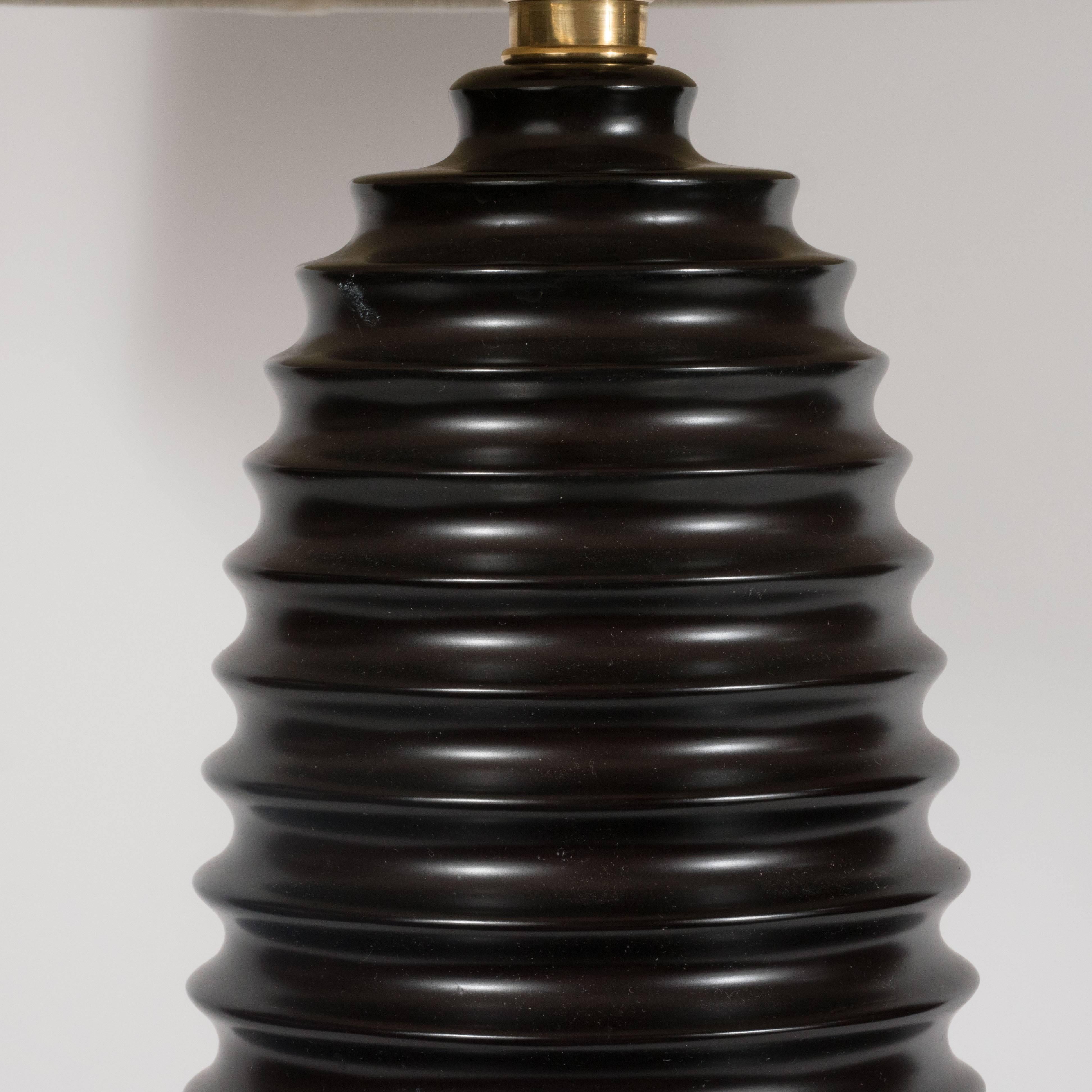 American Pair of Ribbed Ceramic Bullet Lamps by Marian Jamieson in a Deep Charcoal Hue