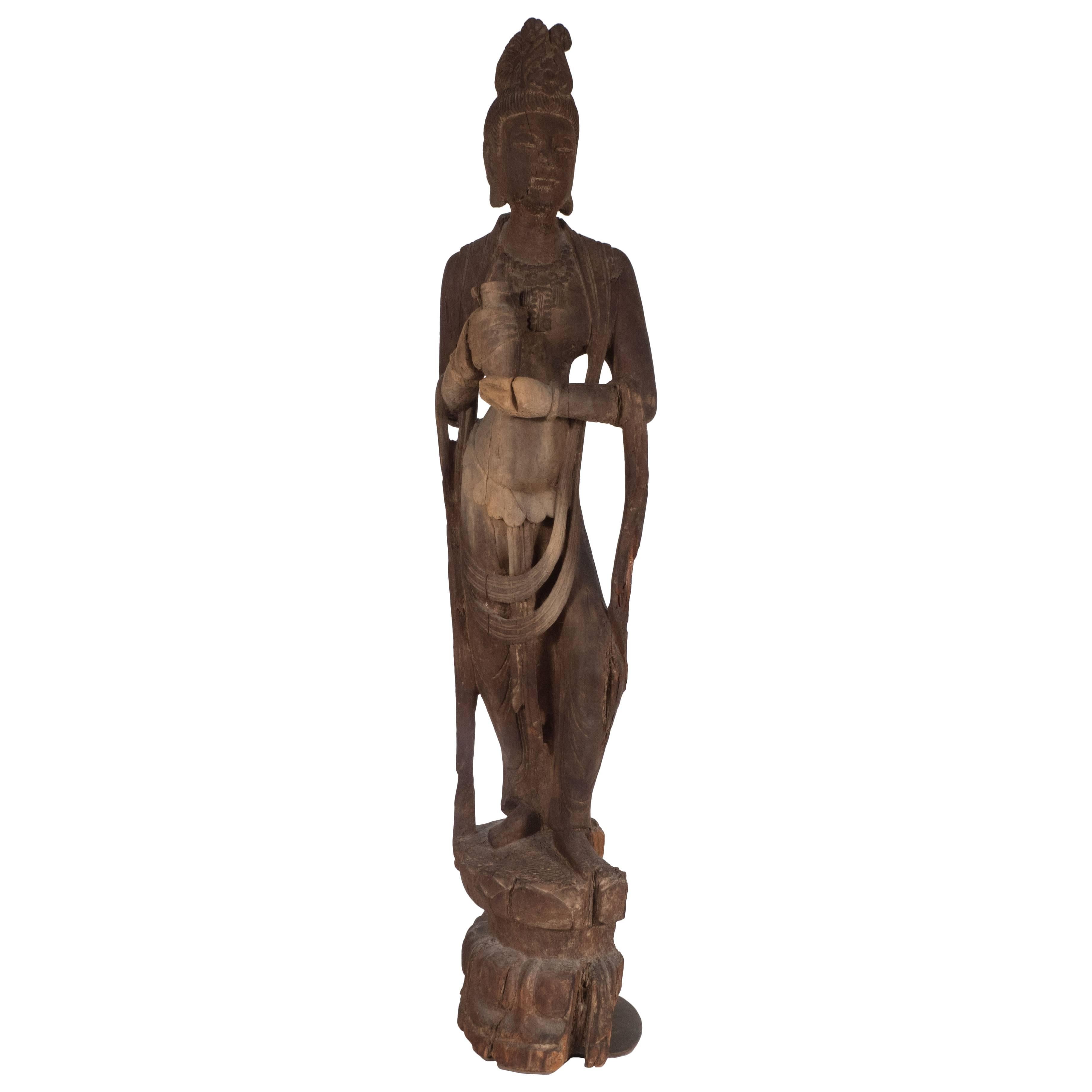 18th Century Hand-Carved Jichi Wood Guanyin Figure For Sale