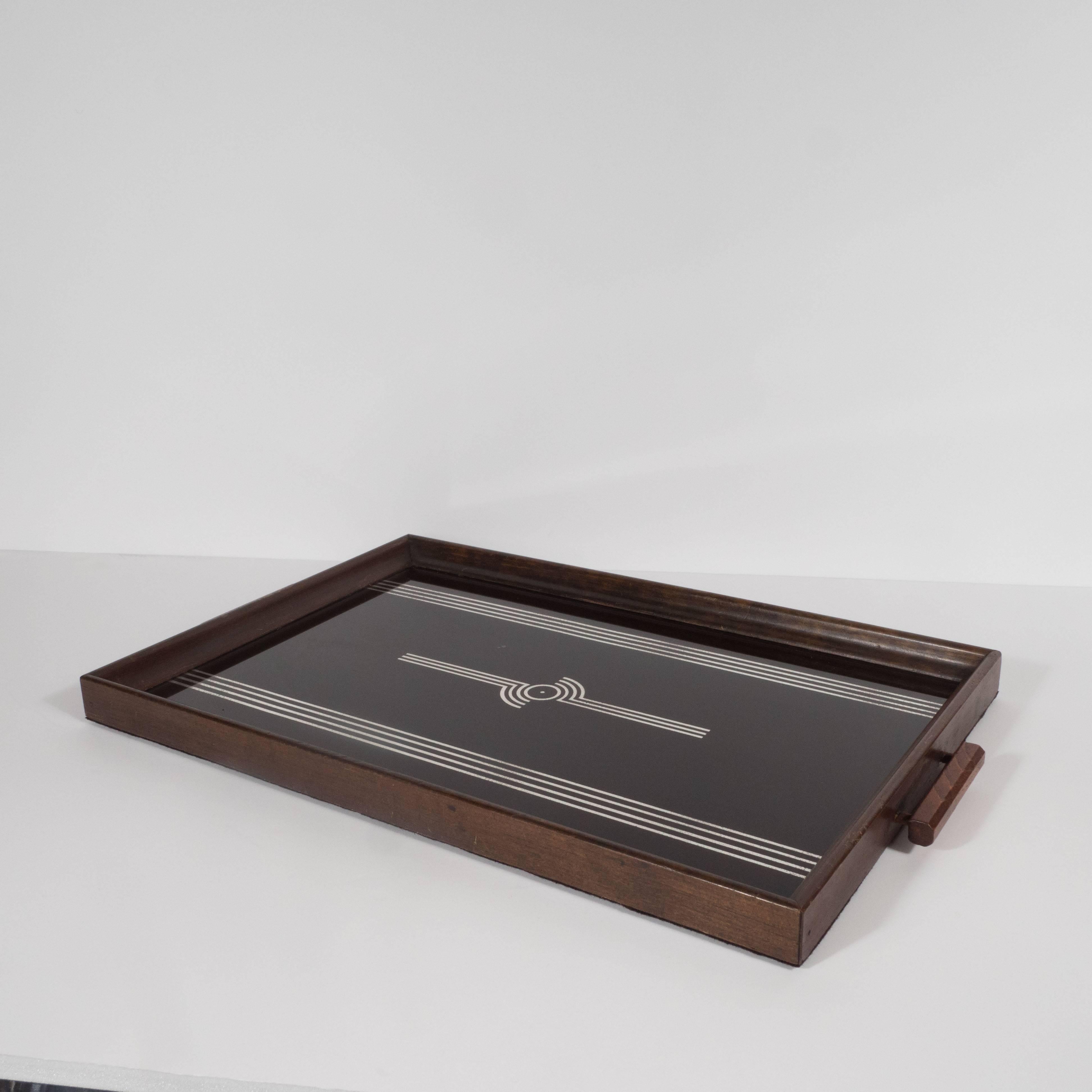 Art Deco Machine Age Streamlined Sterling Silver Glass Tray, Walnut Perimeter In Excellent Condition In New York, NY