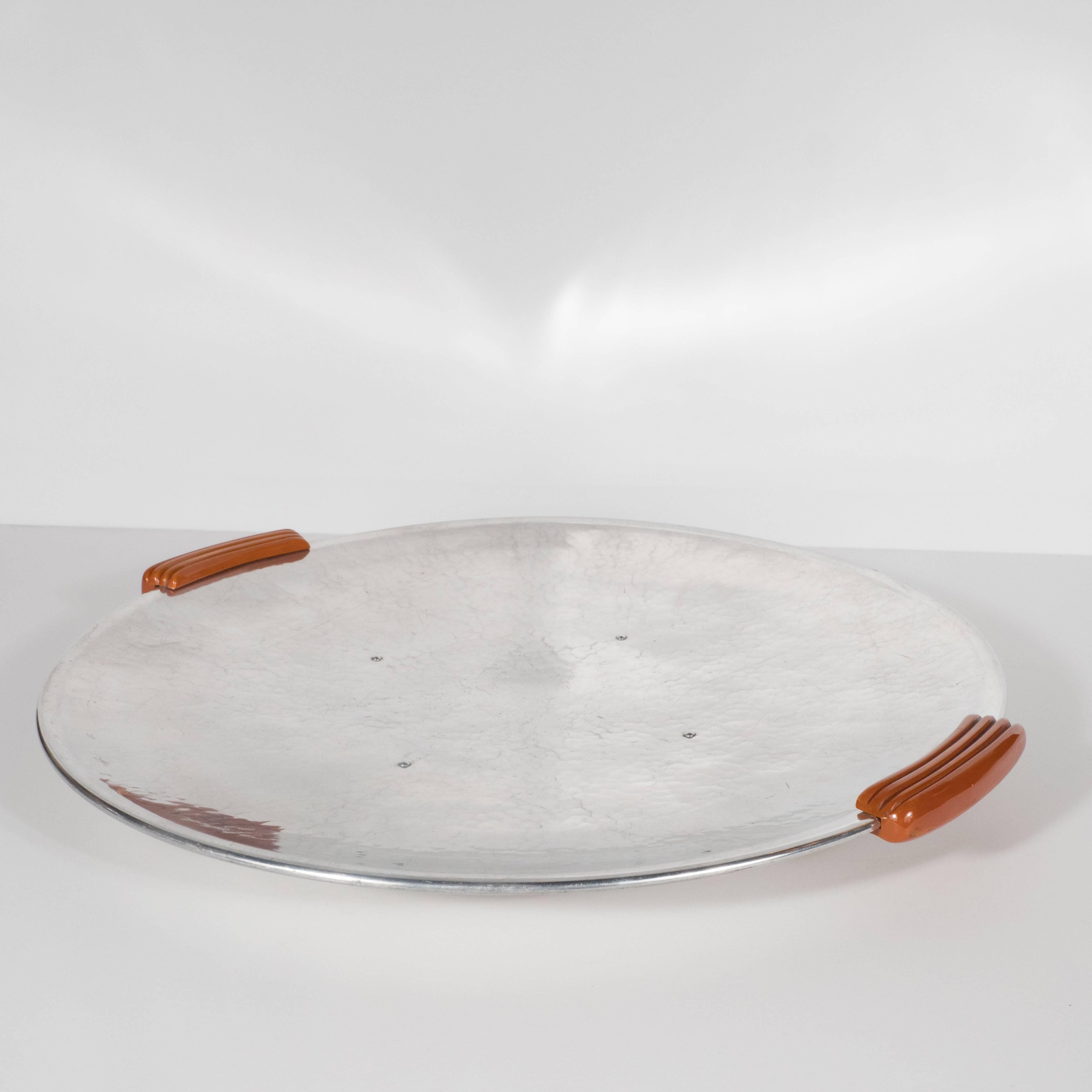 Art Deco Machine Age Hand-Hammered Aluminum & Bakelite Bar Tray by Guildcraft In Excellent Condition In New York, NY