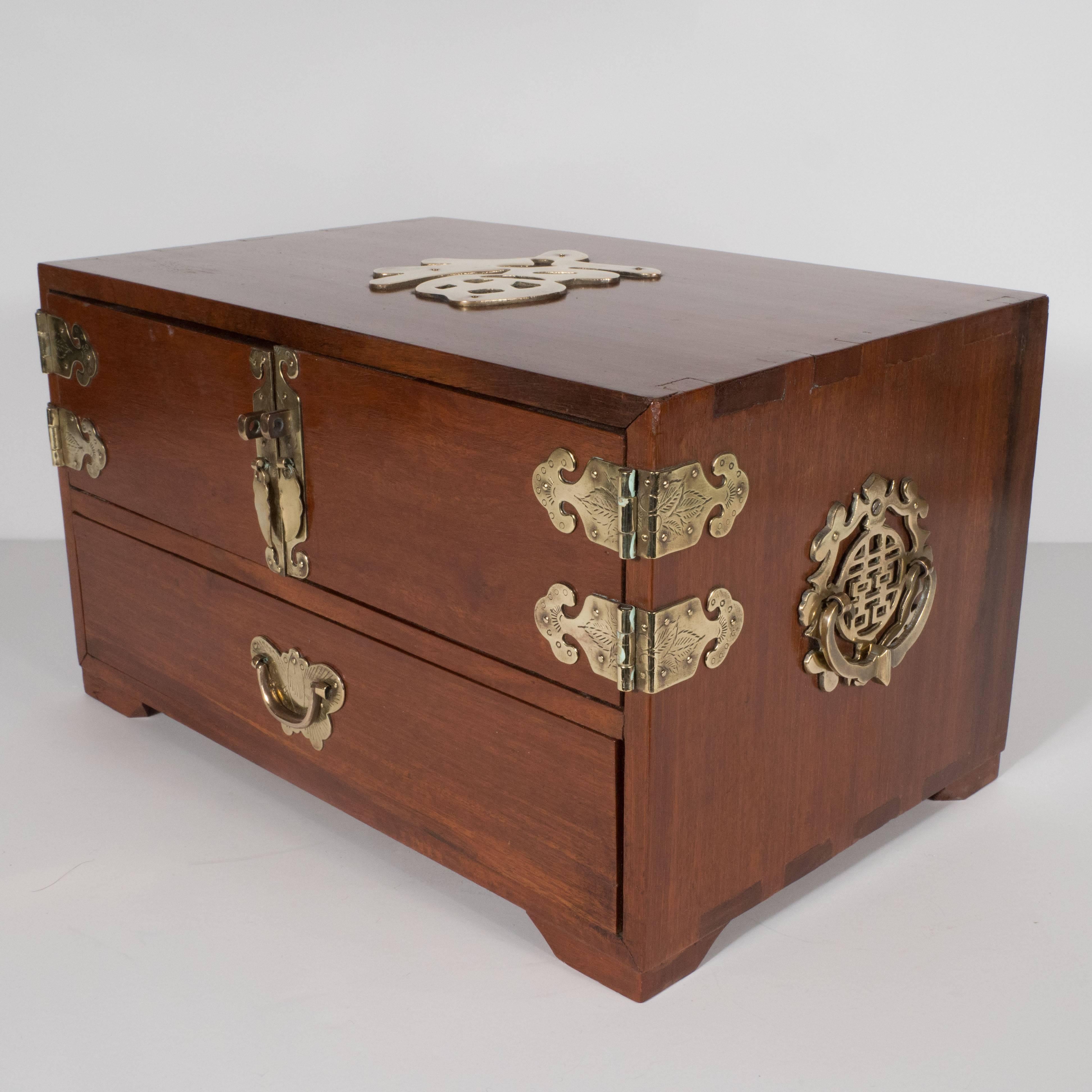 Chinese Export Mid-Century Modern Rosewood Chinese Jewelry Box with Brass Hardware