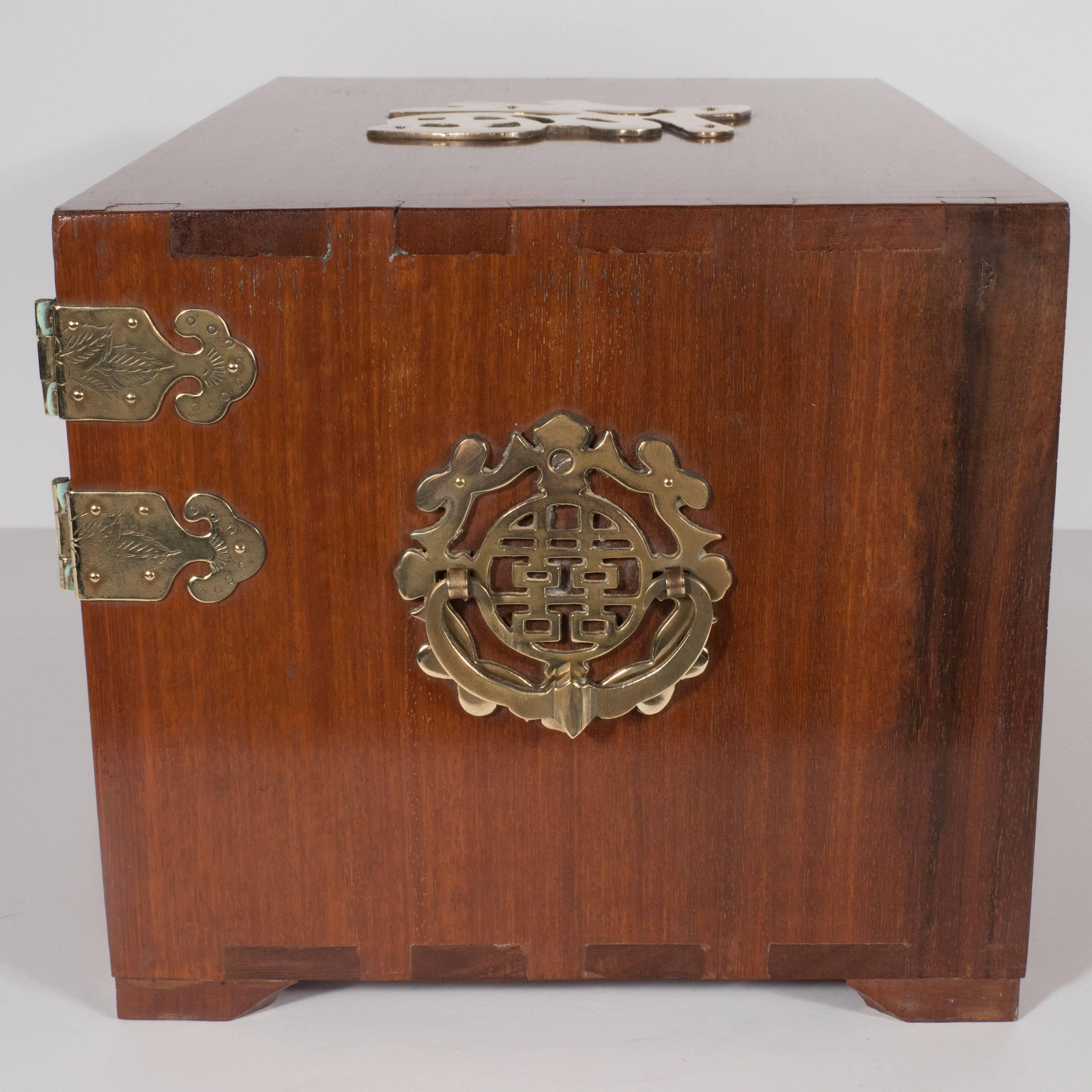 Mid-Century Modern Rosewood Chinese Jewelry Box with Brass Hardware In Excellent Condition In New York, NY