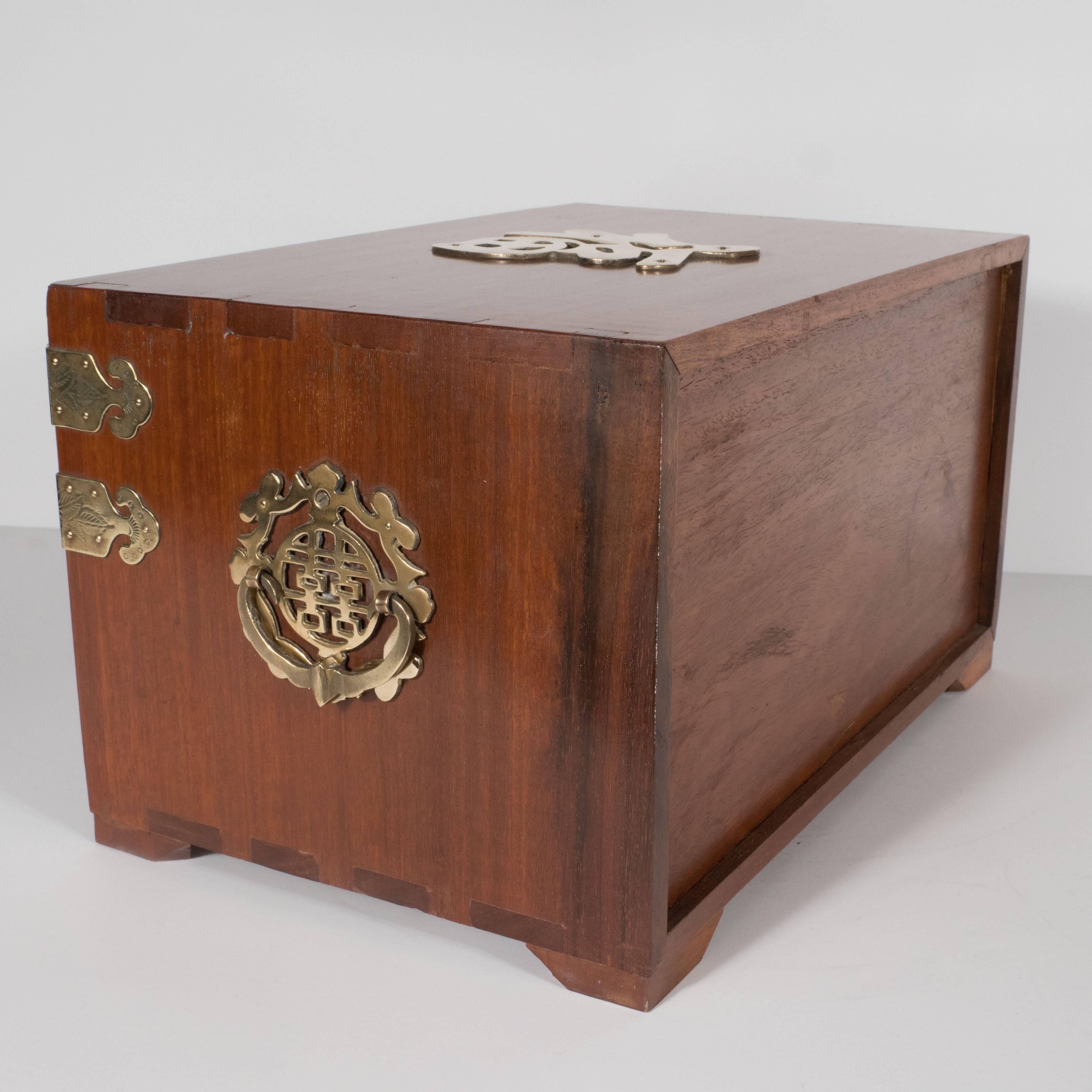 Mid-Century Modern Rosewood Chinese Jewelry Box with Brass Hardware 1