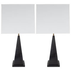 Vintage Pair of Modernist Pyramidal Slate Metal Lamps with Custom White Linen Shades