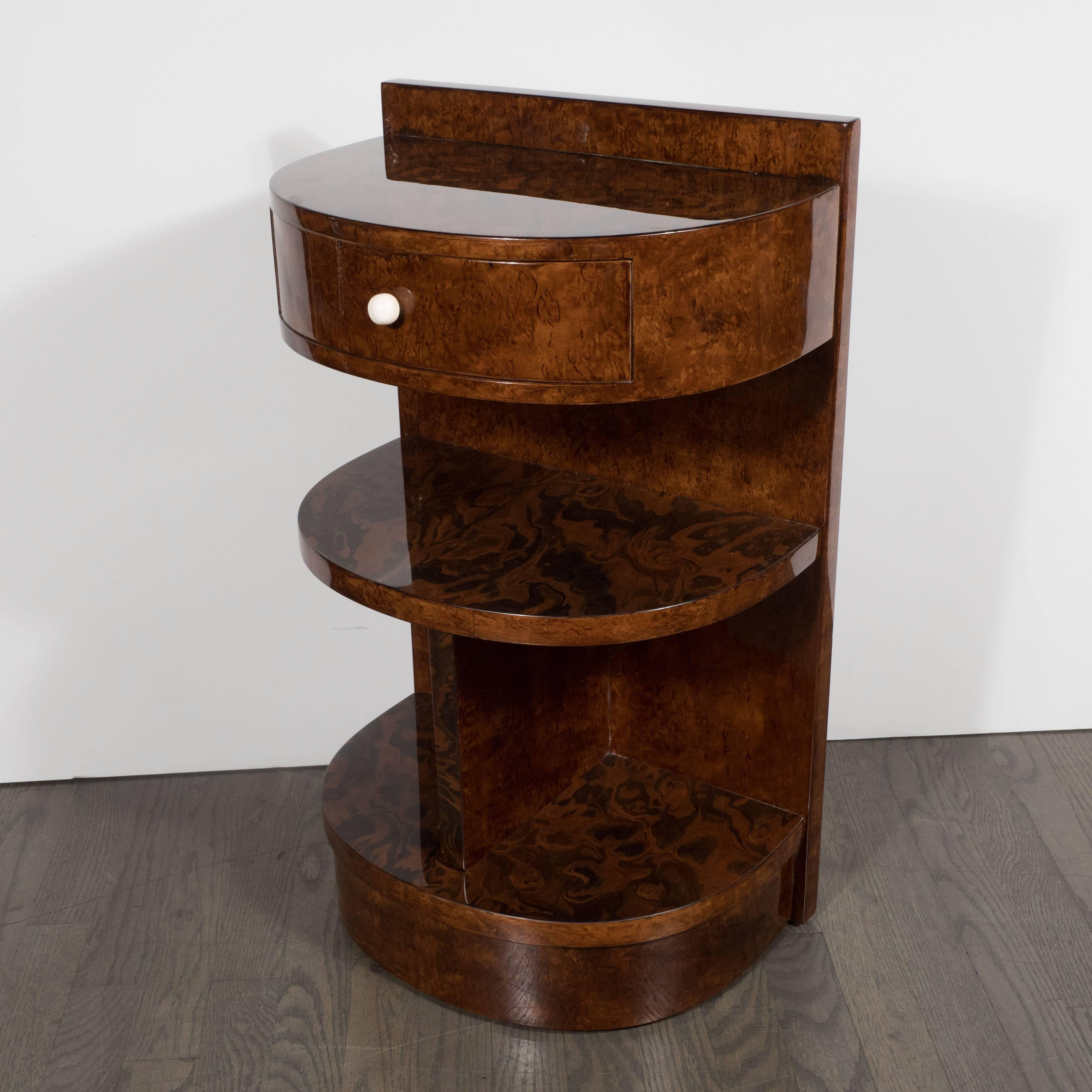 Mid-20th Century Pair of Art Deco Demilune Book-Matched Exotic Wood Nightstands or End Tables