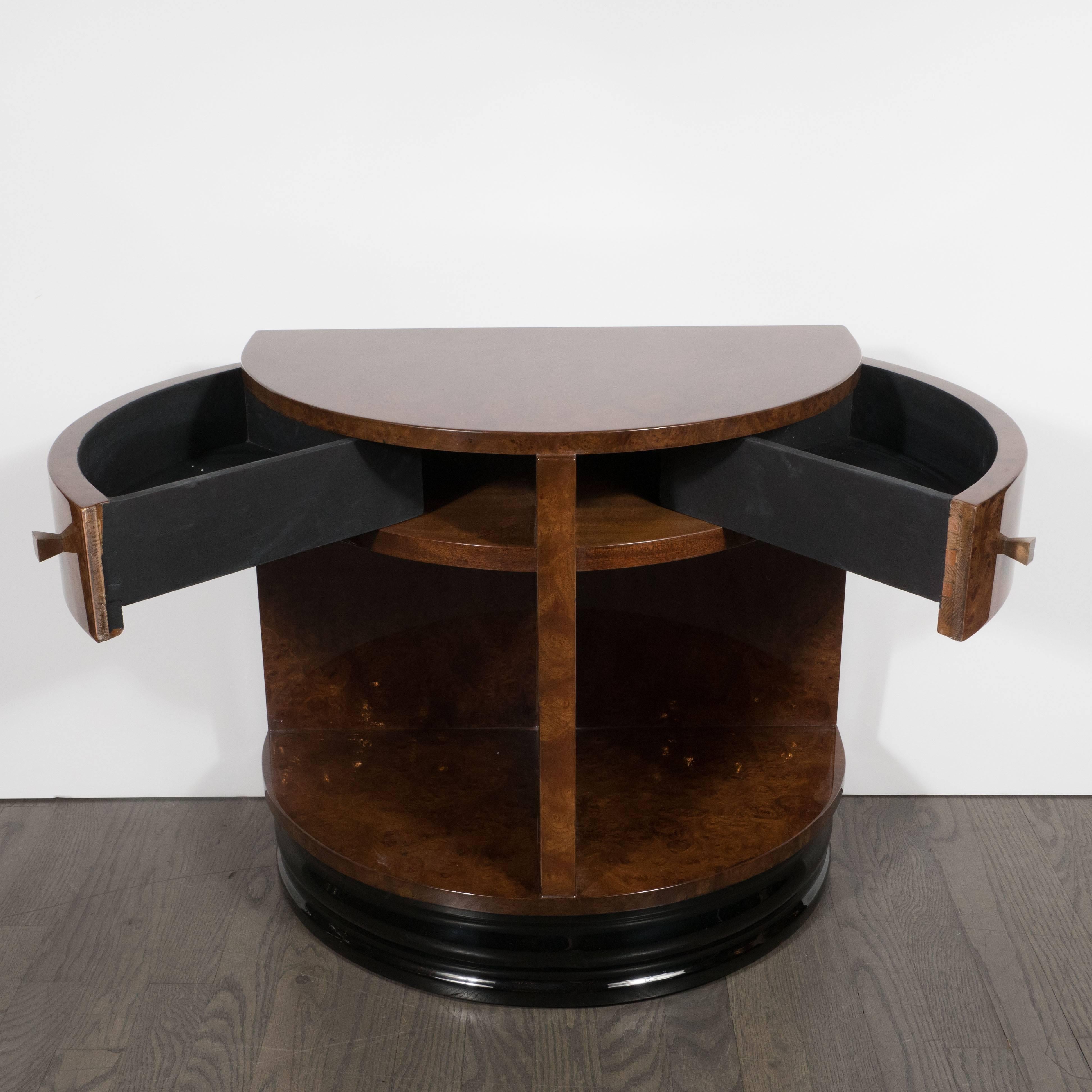 Mid-20th Century Demilune Side Table in Carpathian Elm by Donald Deskey for Widdicomb Co.