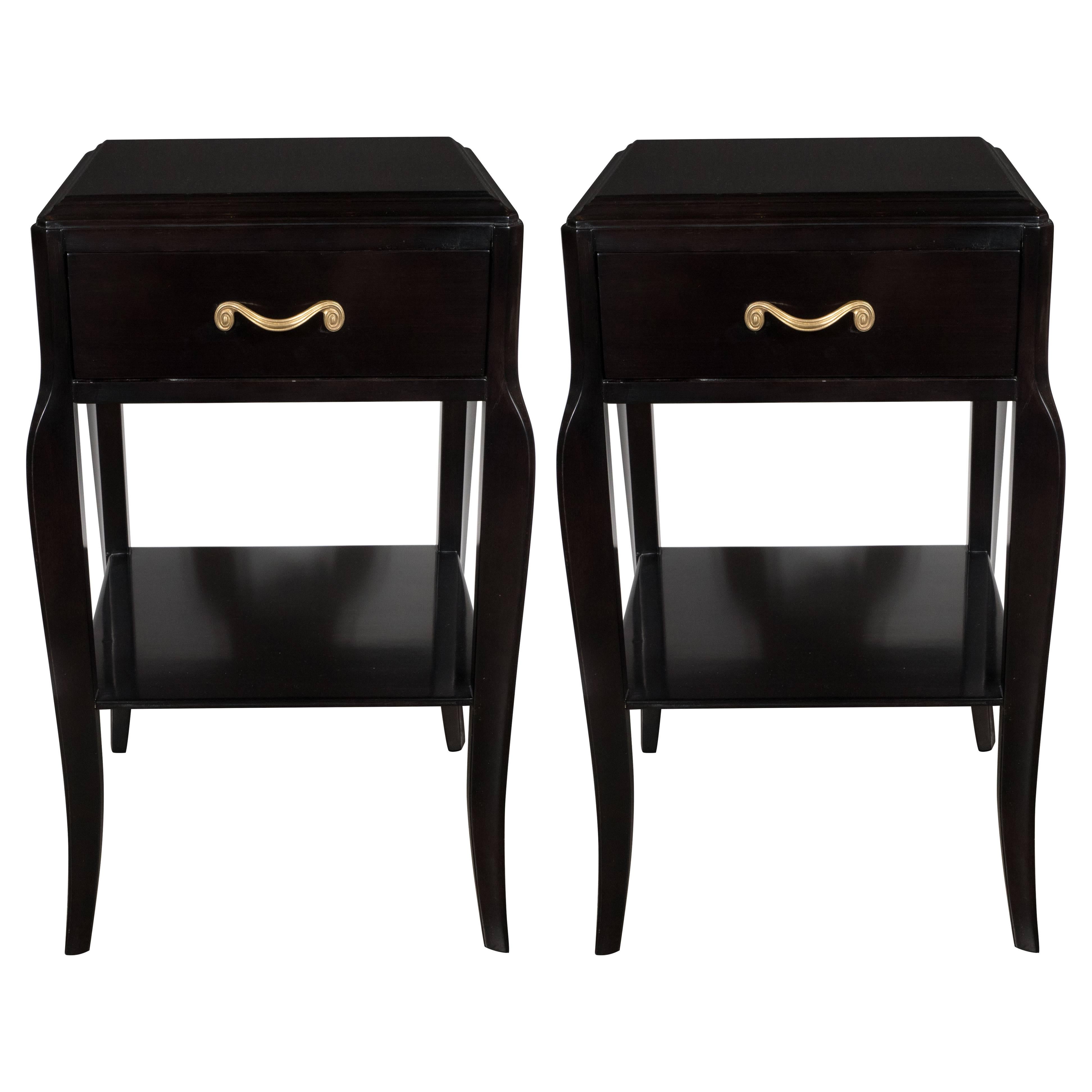 Pair of Grosfeld House Nightstands in Ebonized Mahogany with Gilded Scroll Pulls
