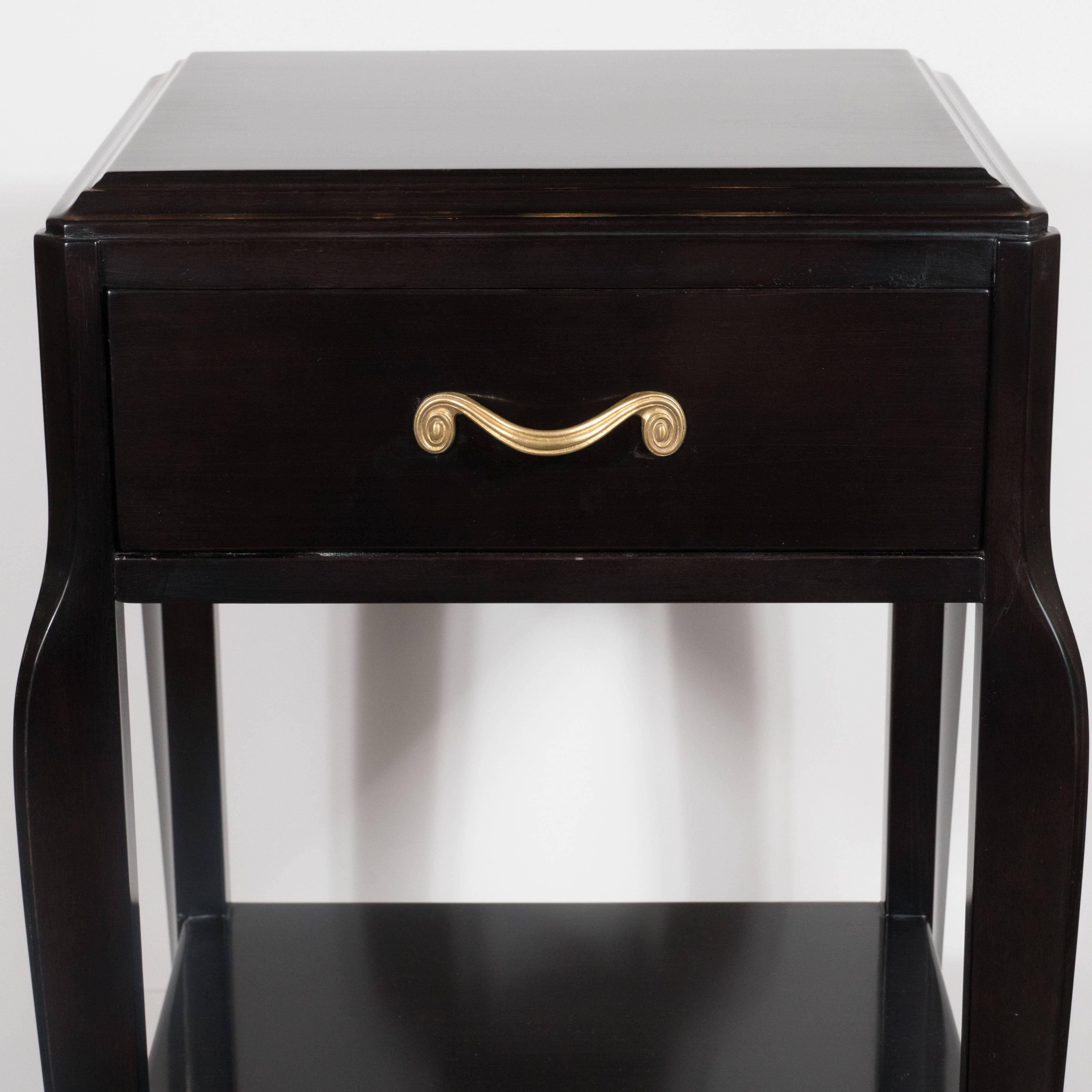 Mid-Century Modern Pair of Grosfeld House Nightstands in Ebonized Mahogany with Gilded Scroll Pulls