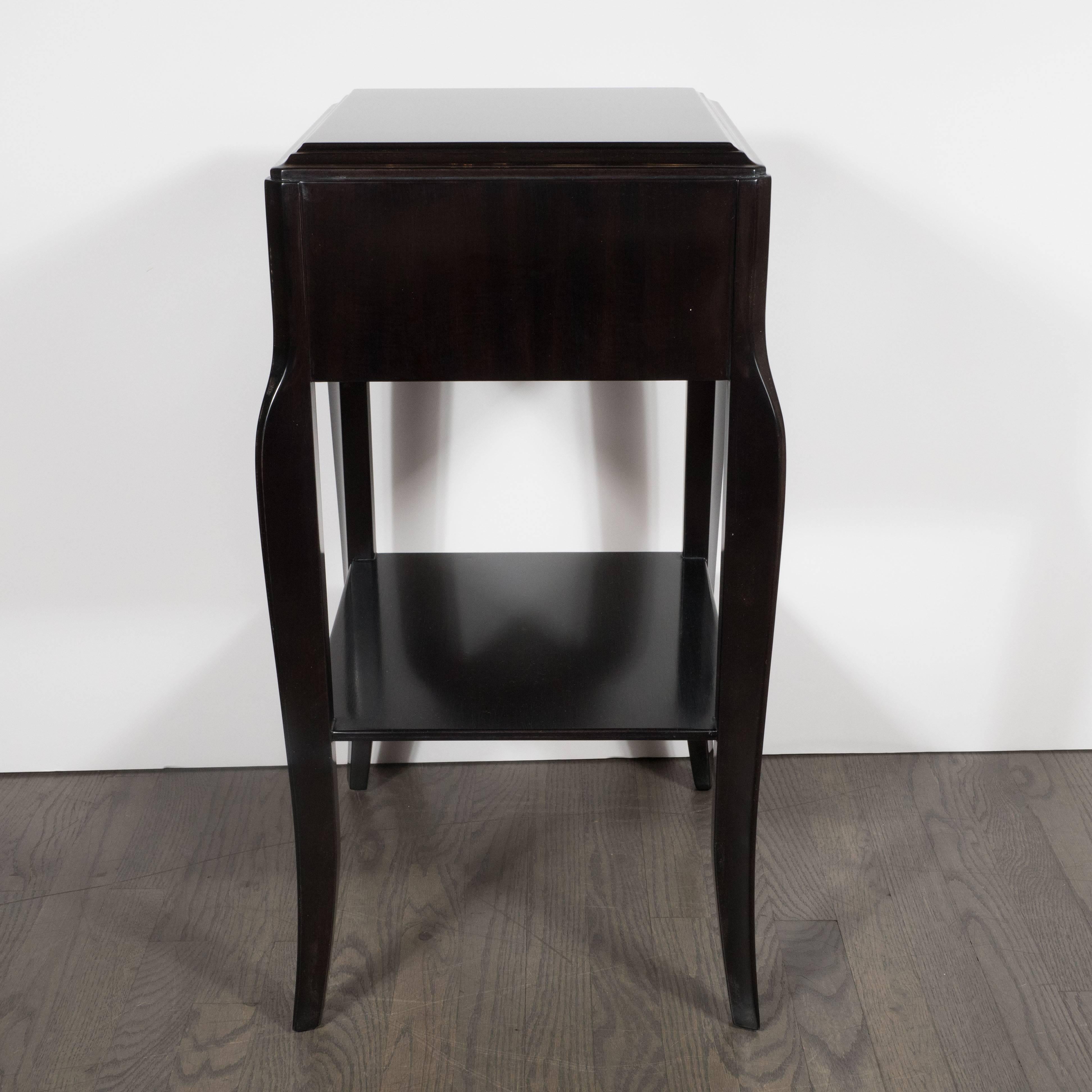 Pair of Grosfeld House Nightstands in Ebonized Mahogany with Gilded Scroll Pulls In Excellent Condition In New York, NY