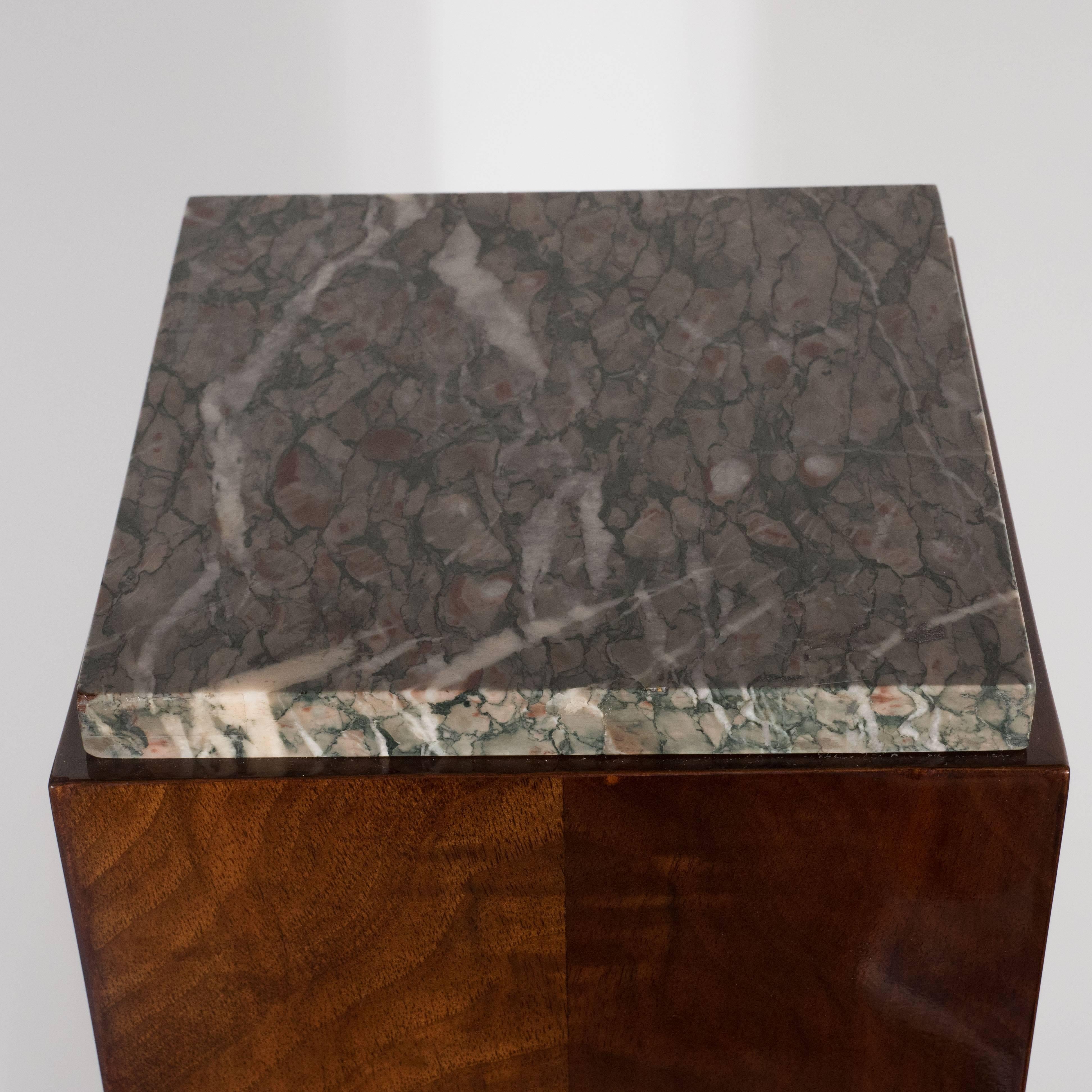 French Art Deco Bookmatched Walnut and Black Lacquer Pedestal with Exotic Marble Top