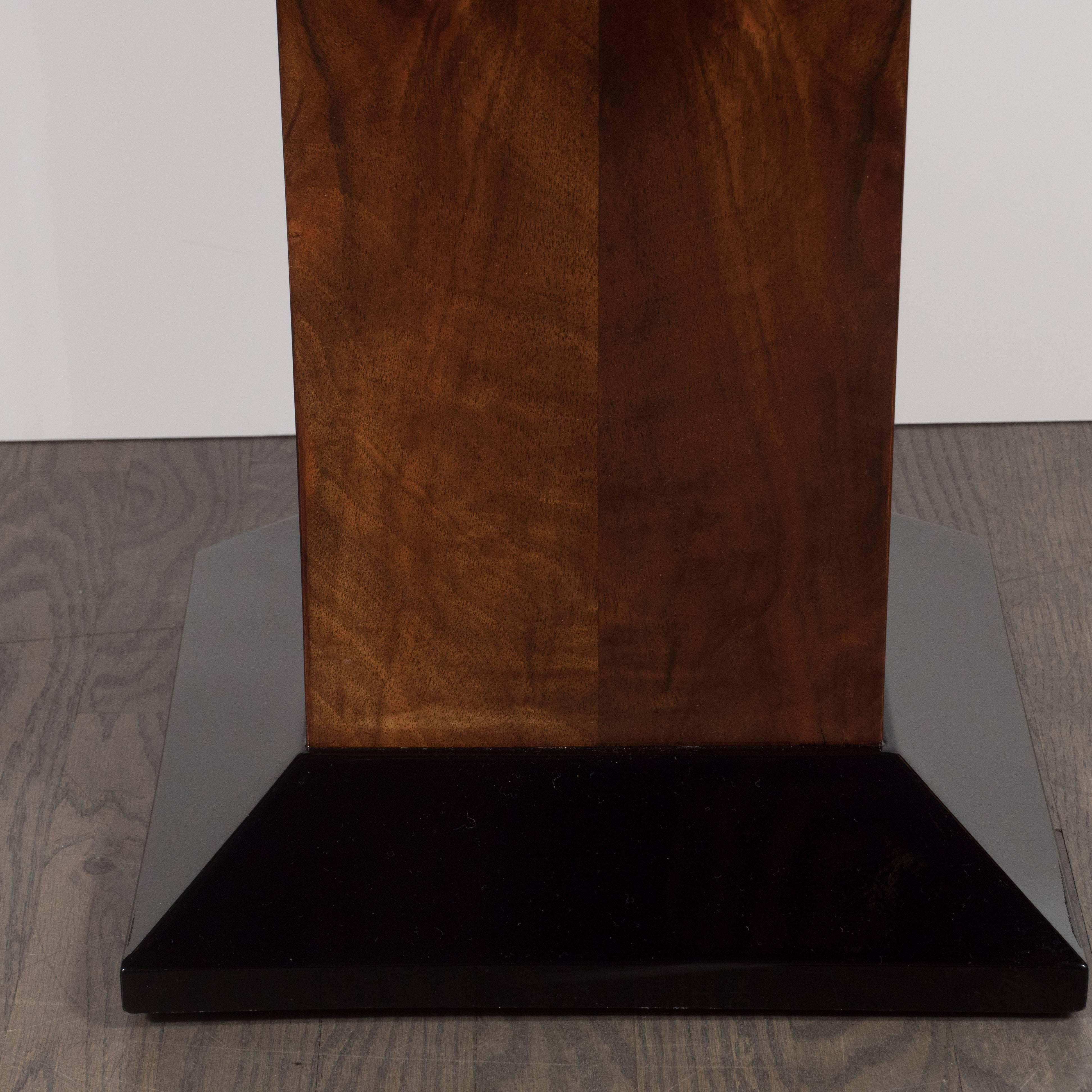 Art Deco Bookmatched Walnut and Black Lacquer Pedestal with Exotic Marble Top In Excellent Condition In New York, NY