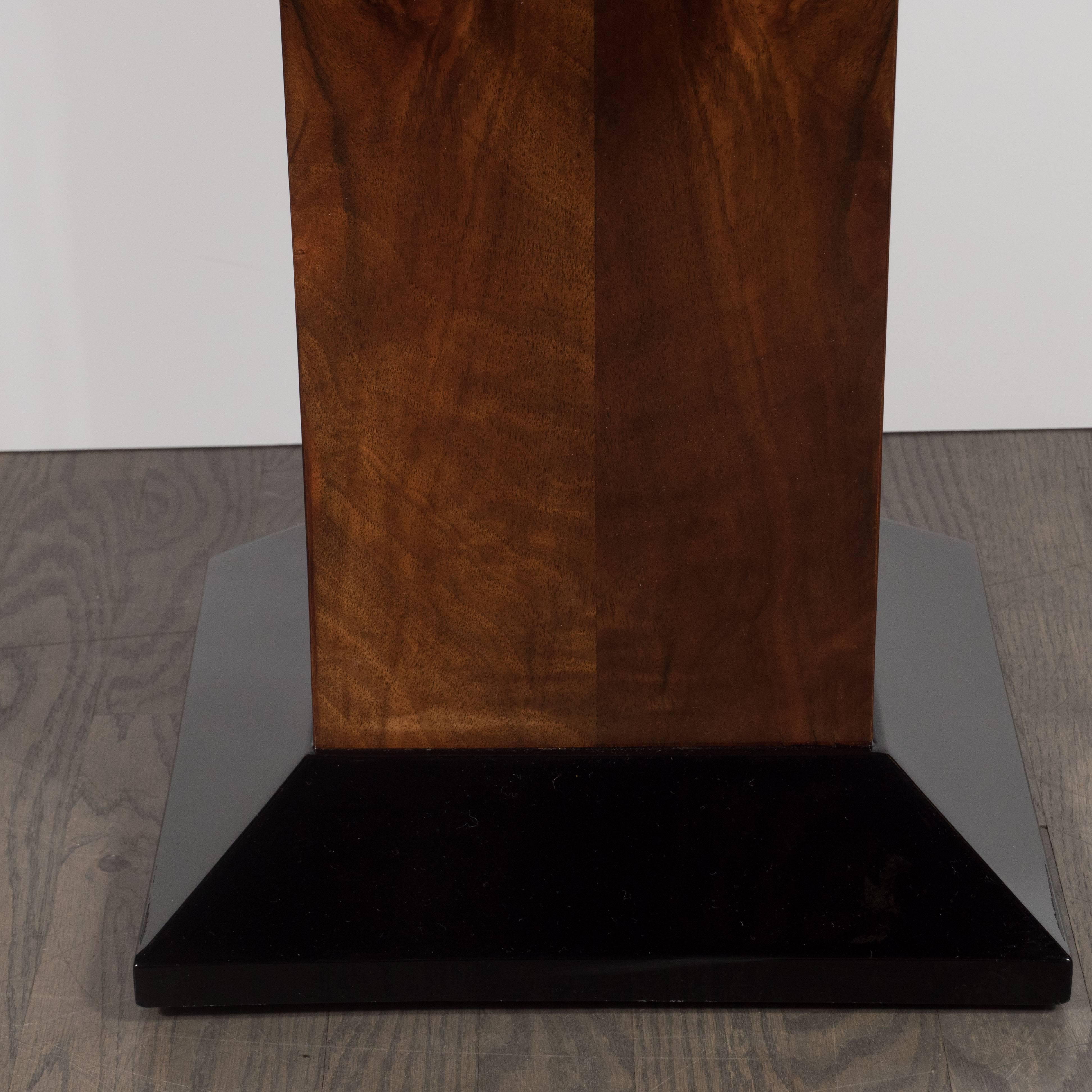 Mid-20th Century Art Deco Bookmatched Walnut and Black Lacquer Pedestal with Exotic Marble Top
