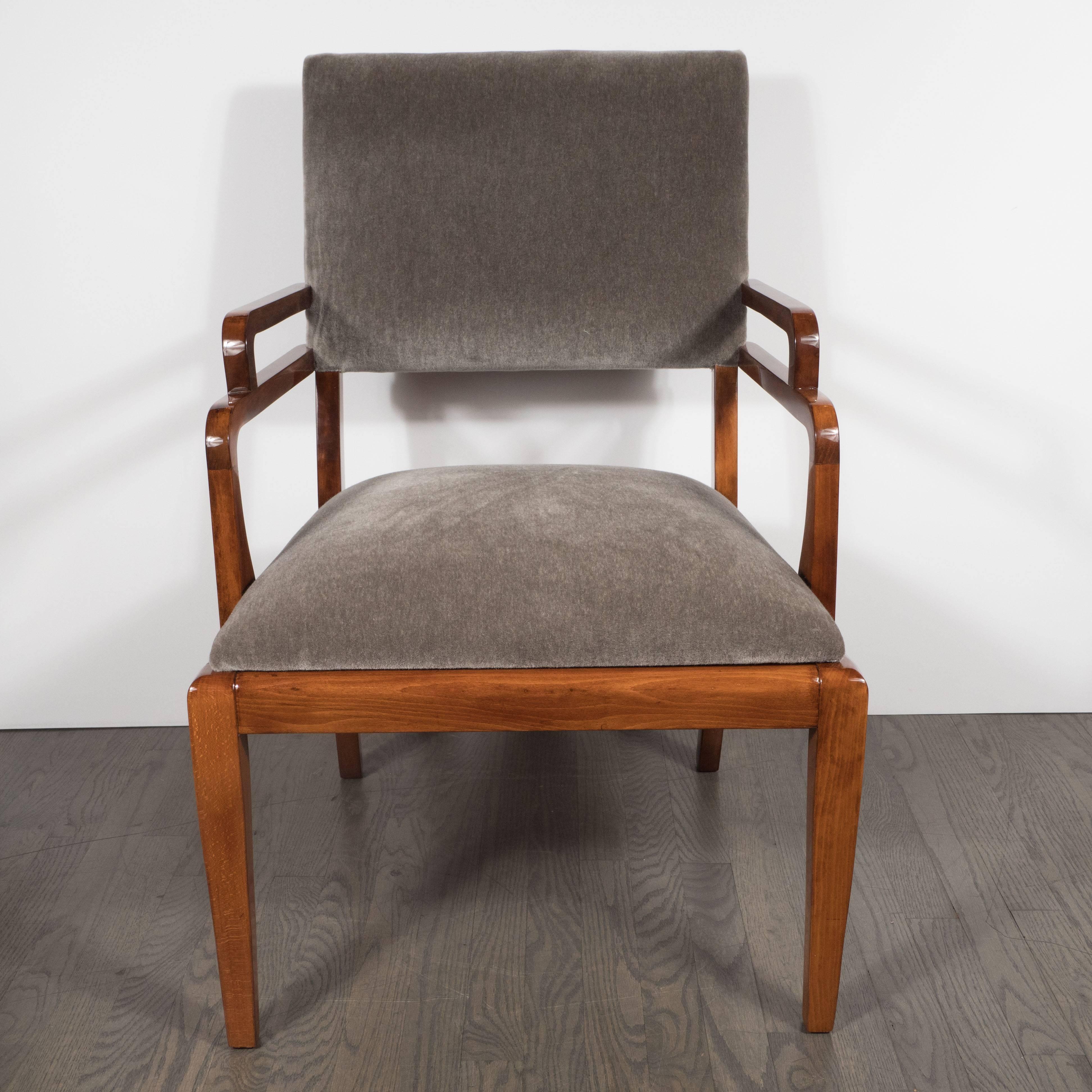 American Art Deco Streamlined Occasional Chair in Walnut and Dove Grey Mohair In Excellent Condition In New York, NY