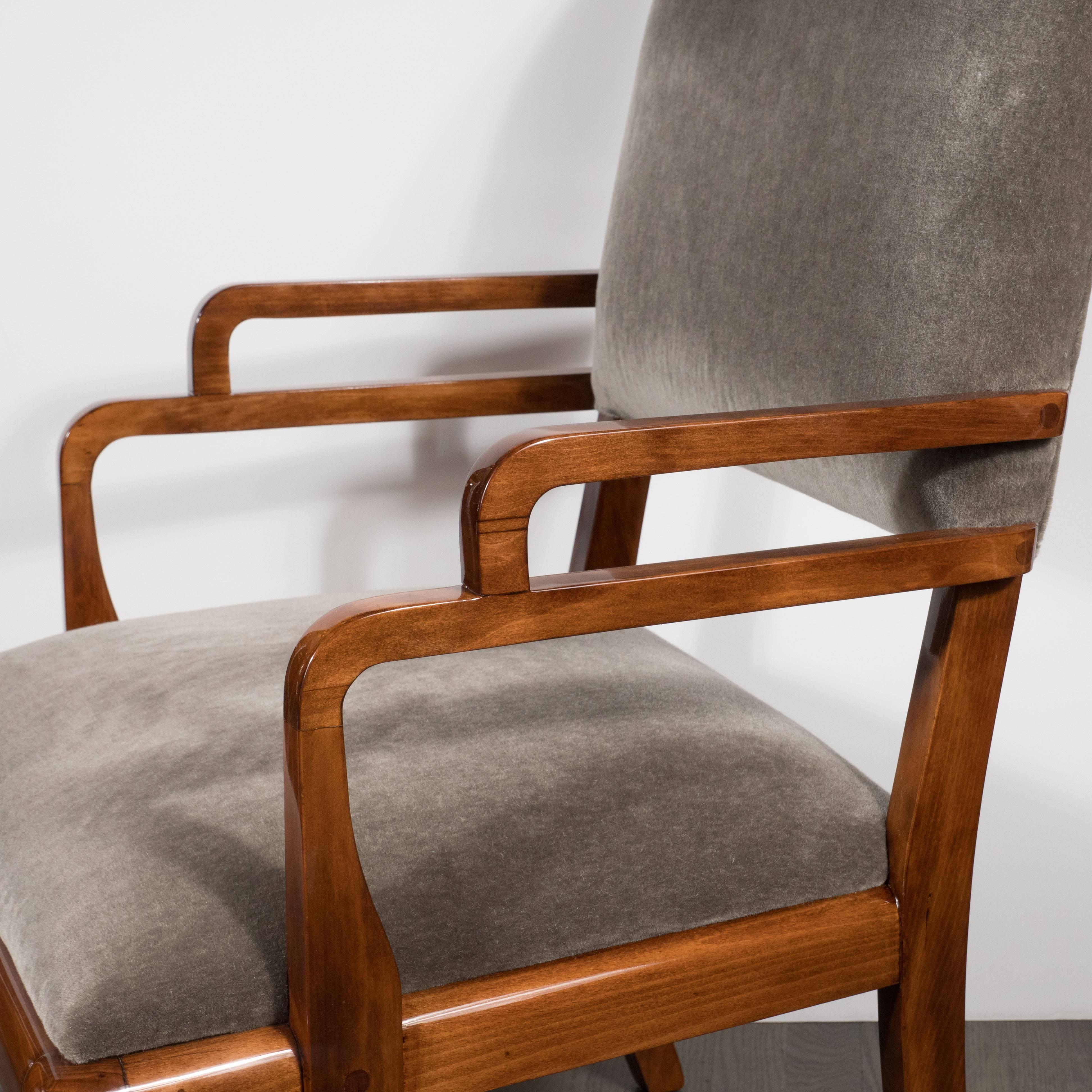 Mid-20th Century American Art Deco Streamlined Occasional Chair in Walnut and Dove Grey Mohair