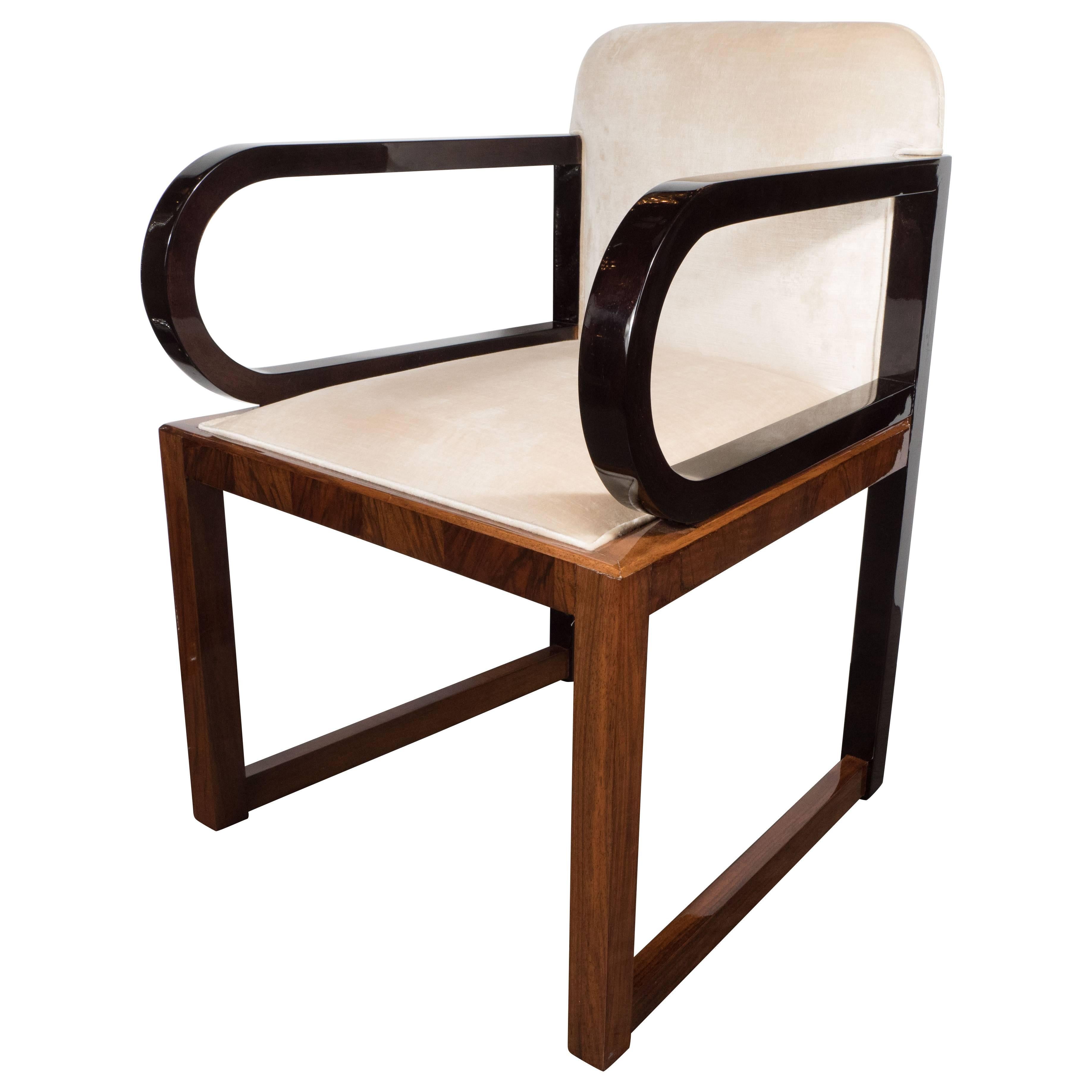 Streamlined Art Deco Polished Walnut Occasional Chair with Ebonized Walnut Arms