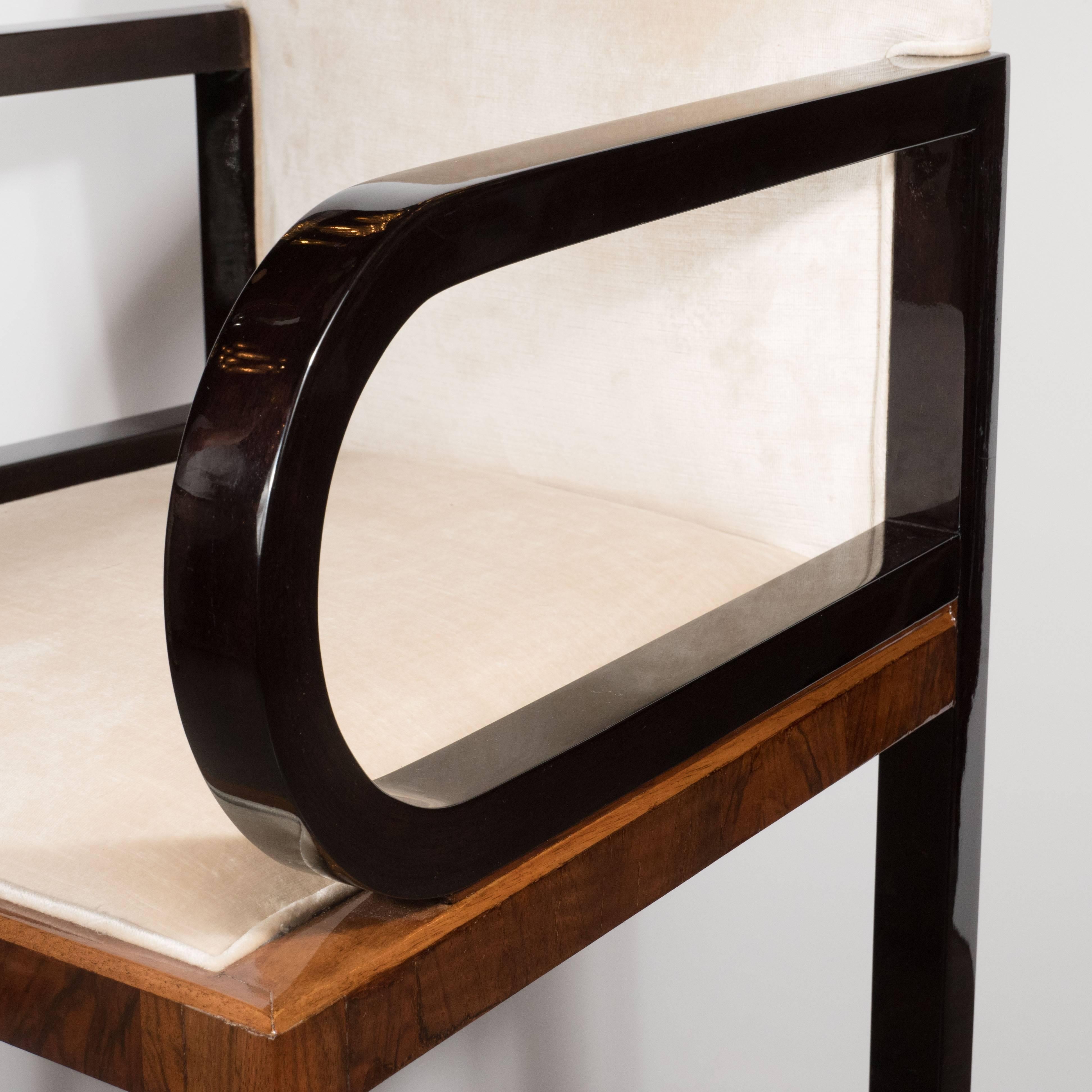 Mid-20th Century Streamlined Art Deco Polished Walnut Occasional Chair with Ebonized Walnut Arms