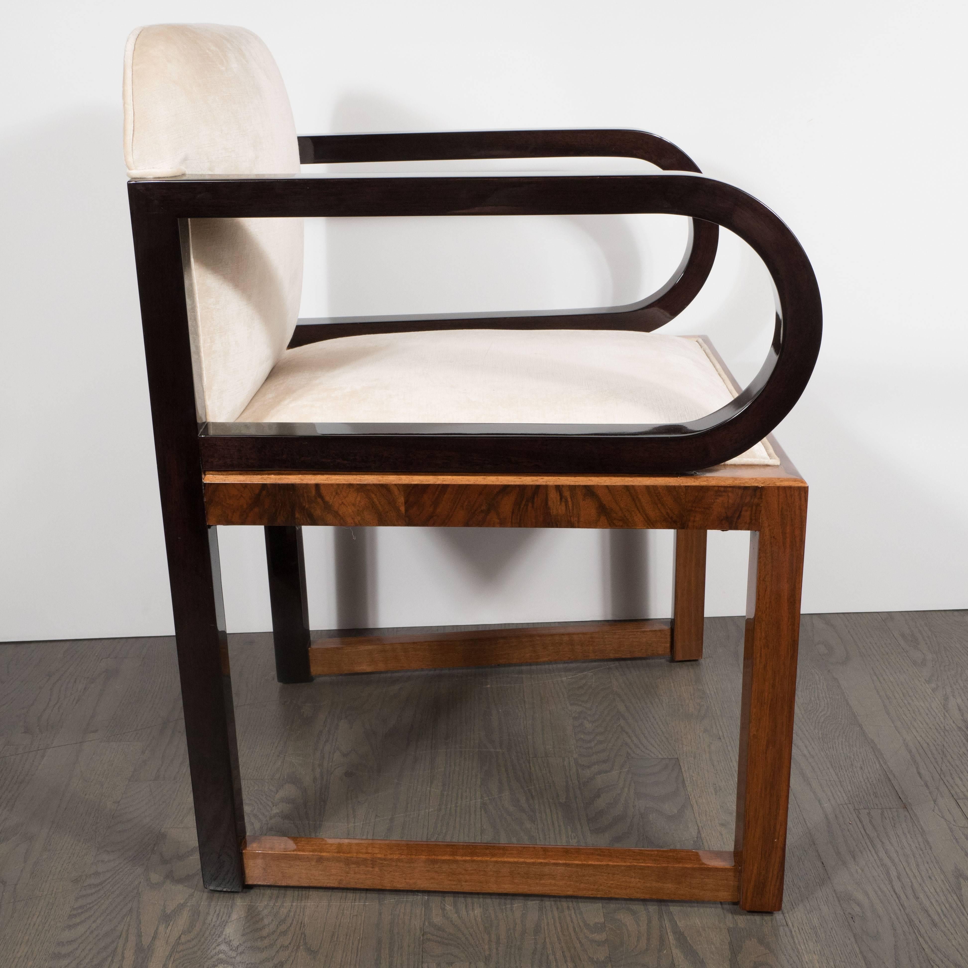 American Streamlined Art Deco Polished Walnut Occasional Chair with Ebonized Walnut Arms