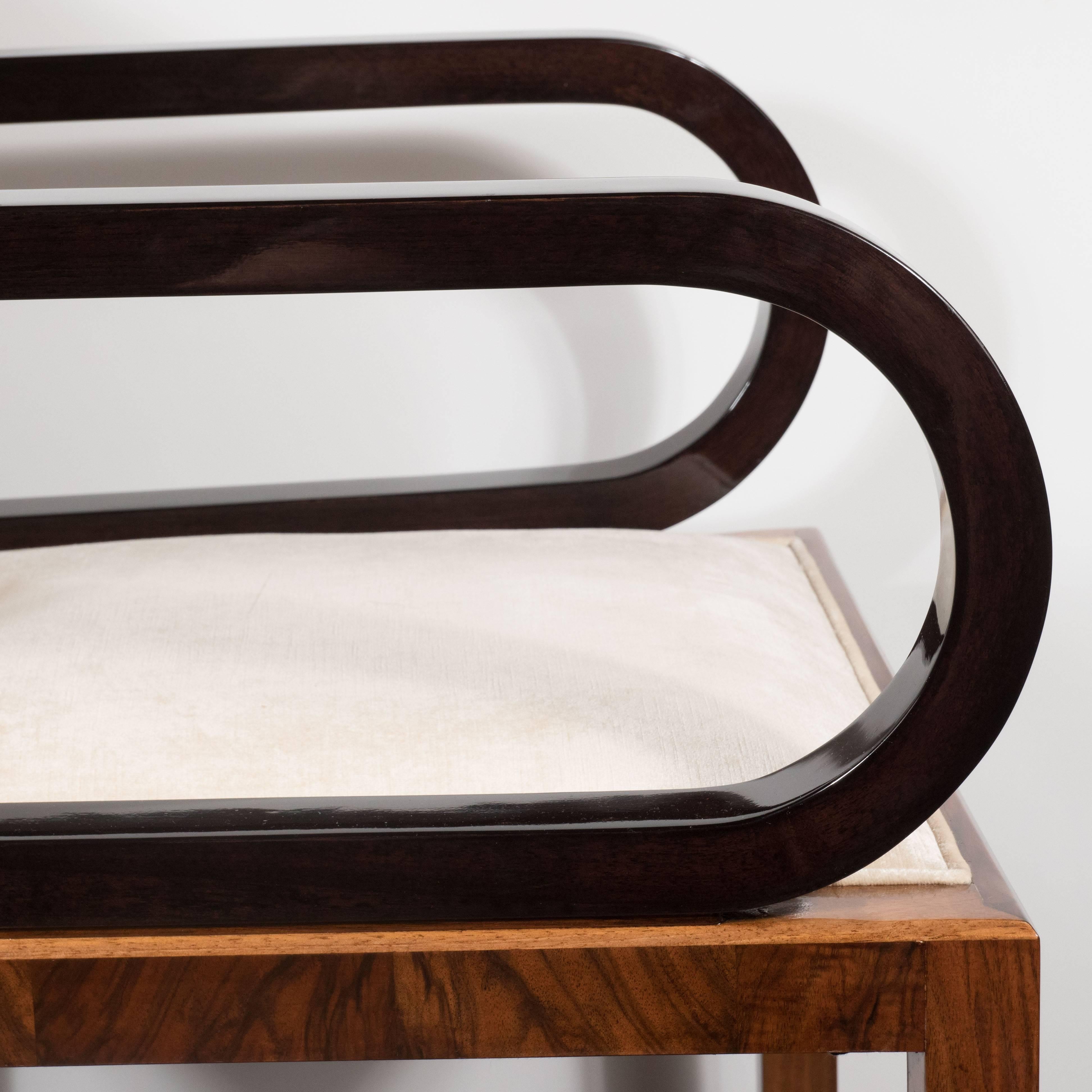 Velvet Streamlined Art Deco Polished Walnut Occasional Chair with Ebonized Walnut Arms